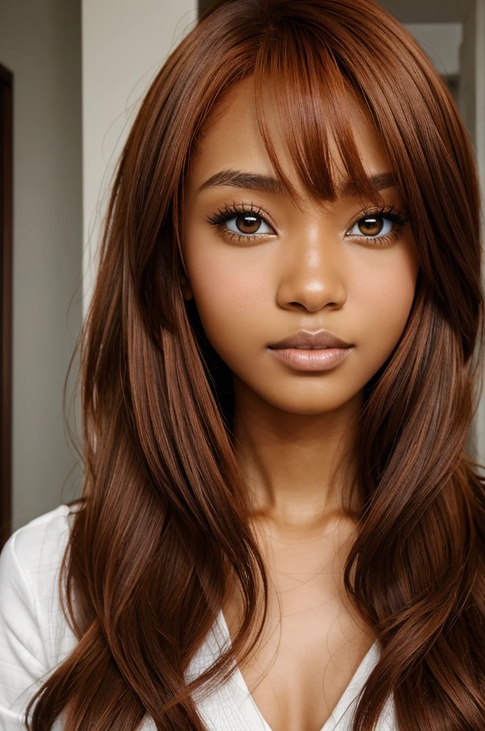 Dark brown eyes,copper hair,brown skin color,anime