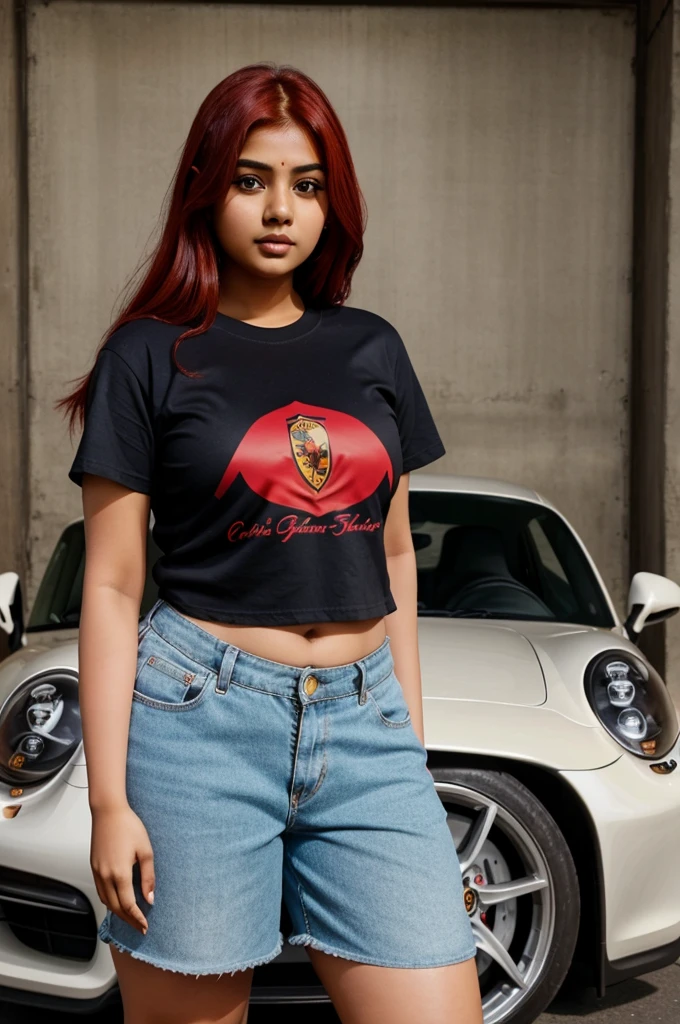 A chubby Indian girl with red hair and fair complexion wearing a extremely oversized tshirt and posing infront of a Porsche