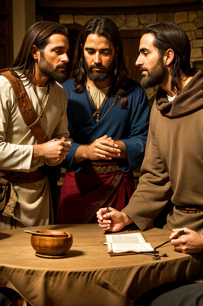 3 apostles of Jesus exchanging secrets at a table