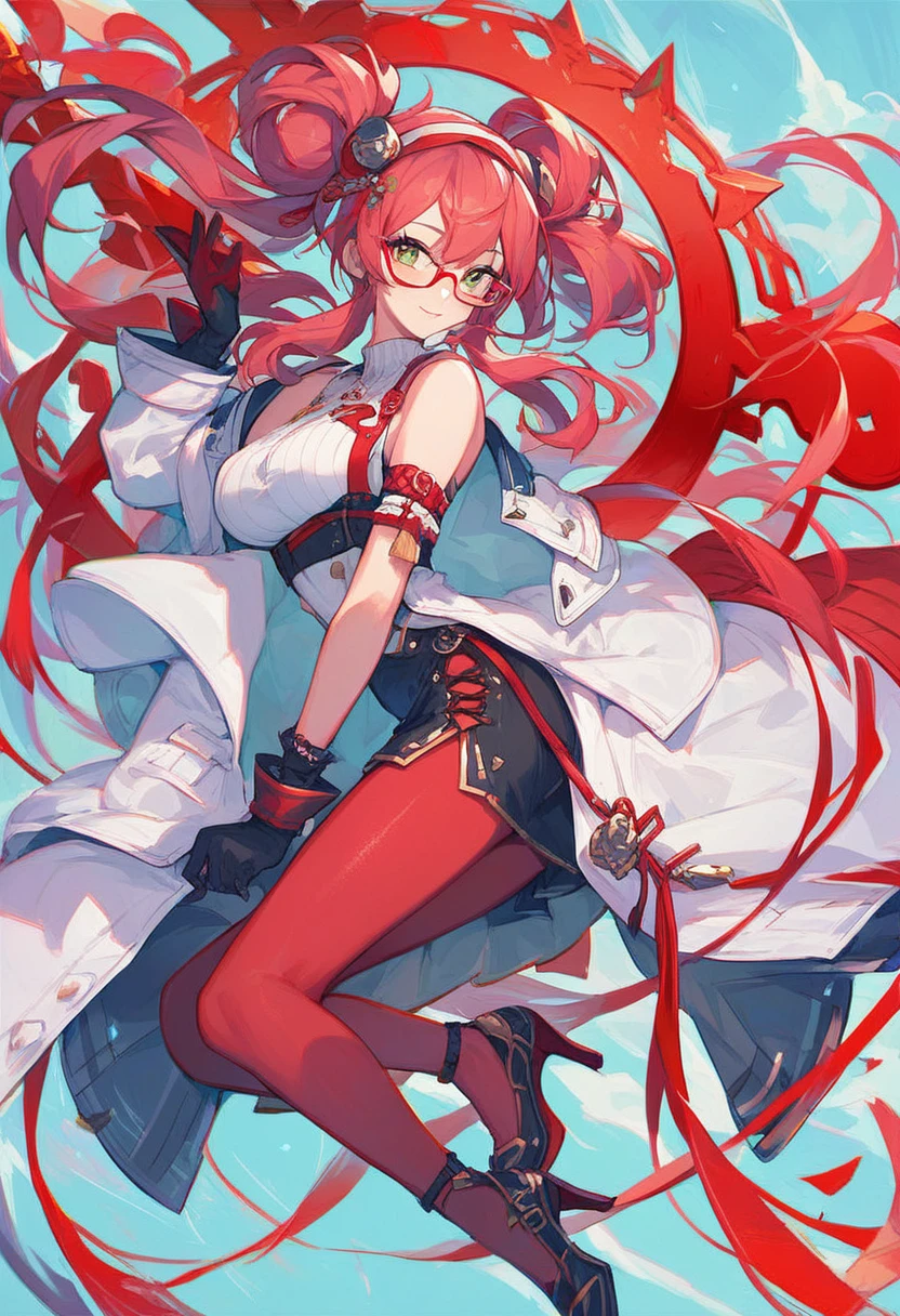 score_9,score_8_up,score_7_up,source_anime,1girl,purah,hair ornament,red headband,red glasses,sleeveless shirt,white coat,black skirt,red leggings,gloves,high heels,ganassa,sexy,hand on side,