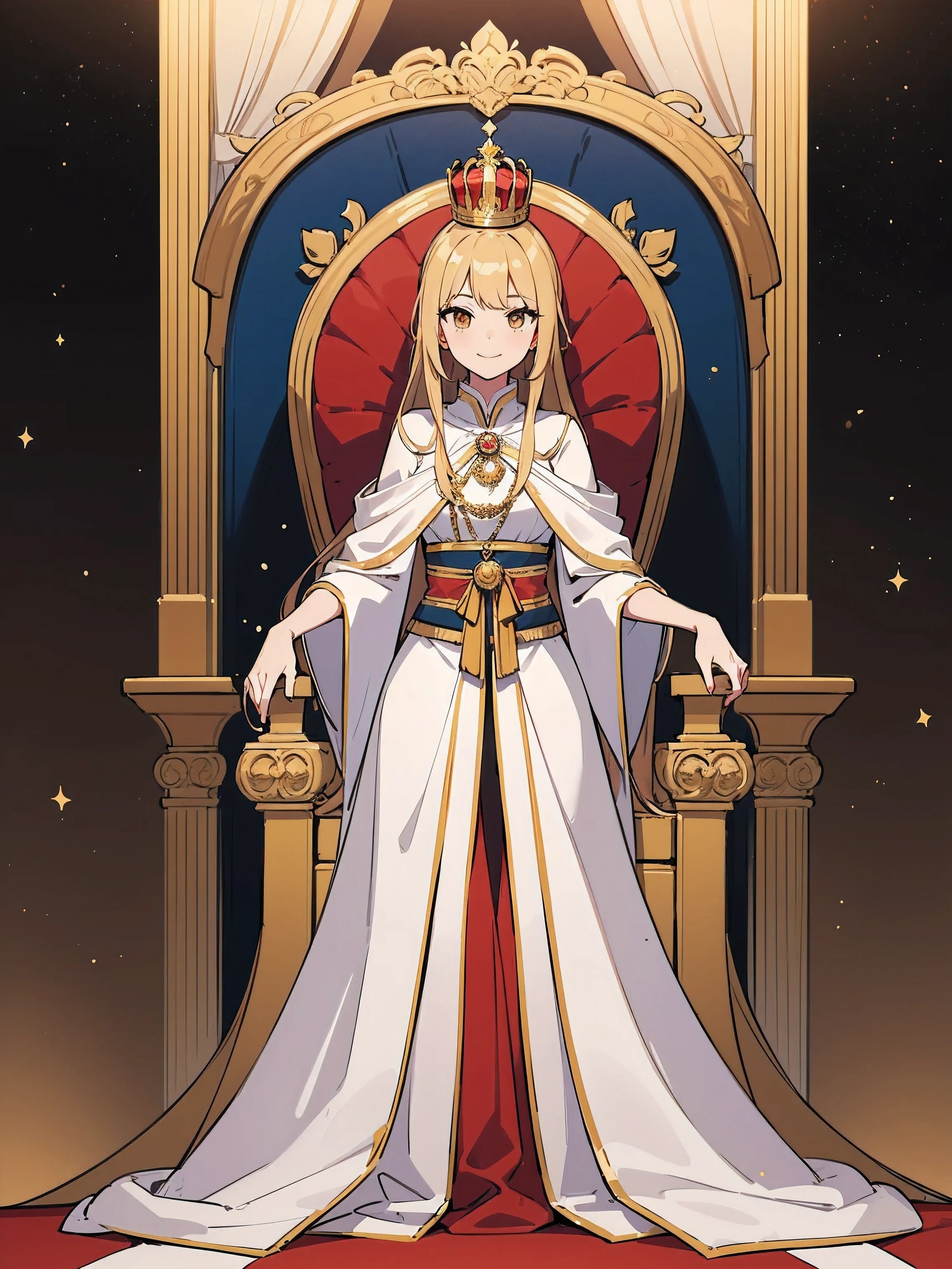 masterpiece, best quality, lineart, anime screencap, sketch, (1girl), blonde hair, long hair, brown eyes, bright pupils, sparkling eyes, solo, royal clothes, royal robes, embroidered robes, ornate clothes, intricate robes, crown, standing, smile, (standing next to throne), looking at viewer, light particles, scenery, throne room, indoors, throne, (empty throne), red carpet, ornate throne, 
