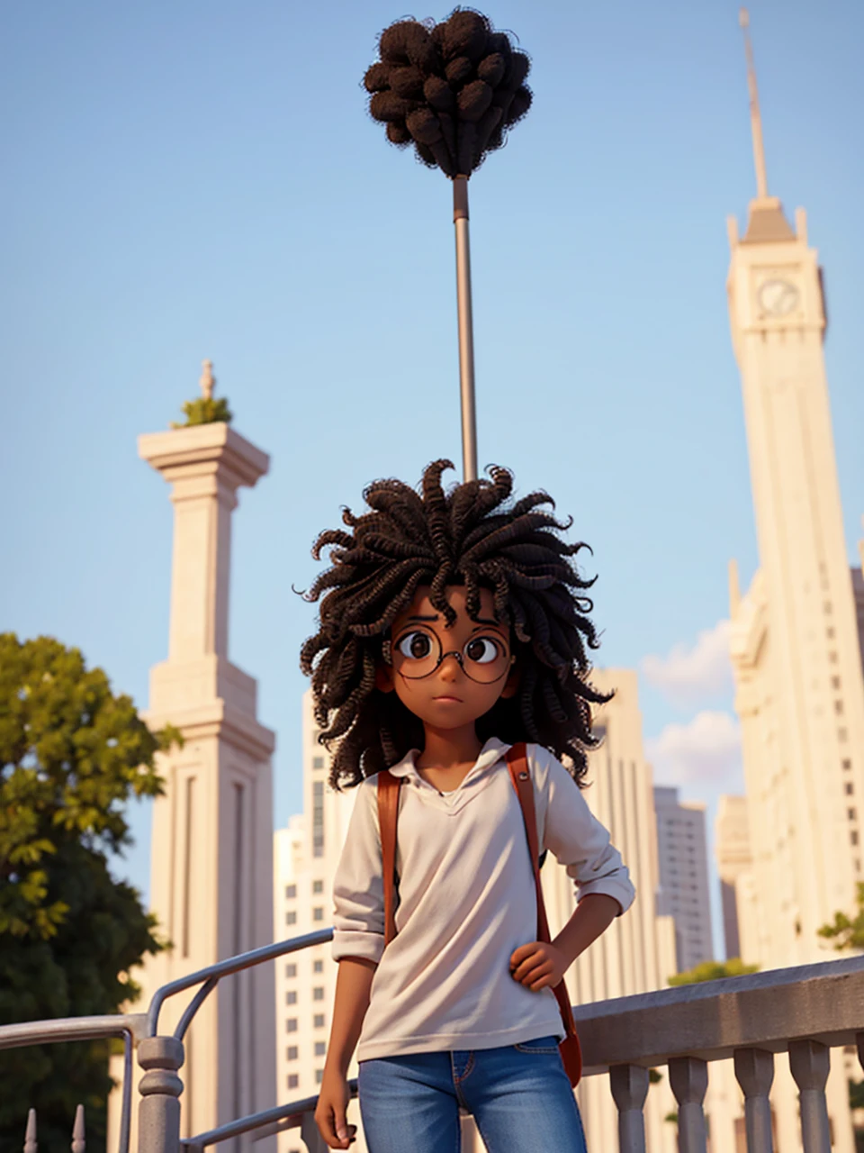 teenager,black curly hair, round glasses and is thin