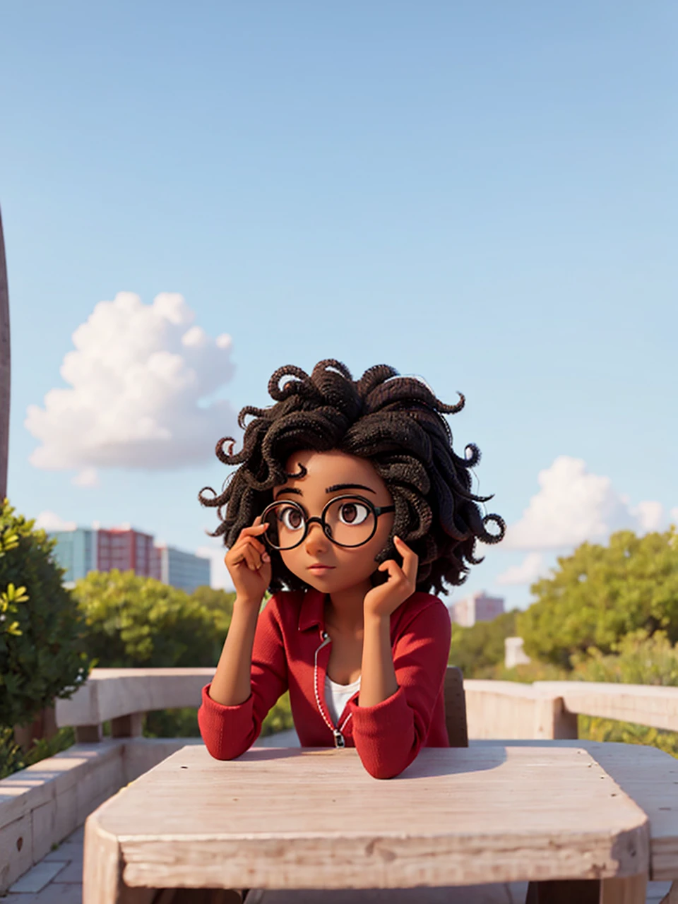 teenager,black curly hair, round glasses and is thin