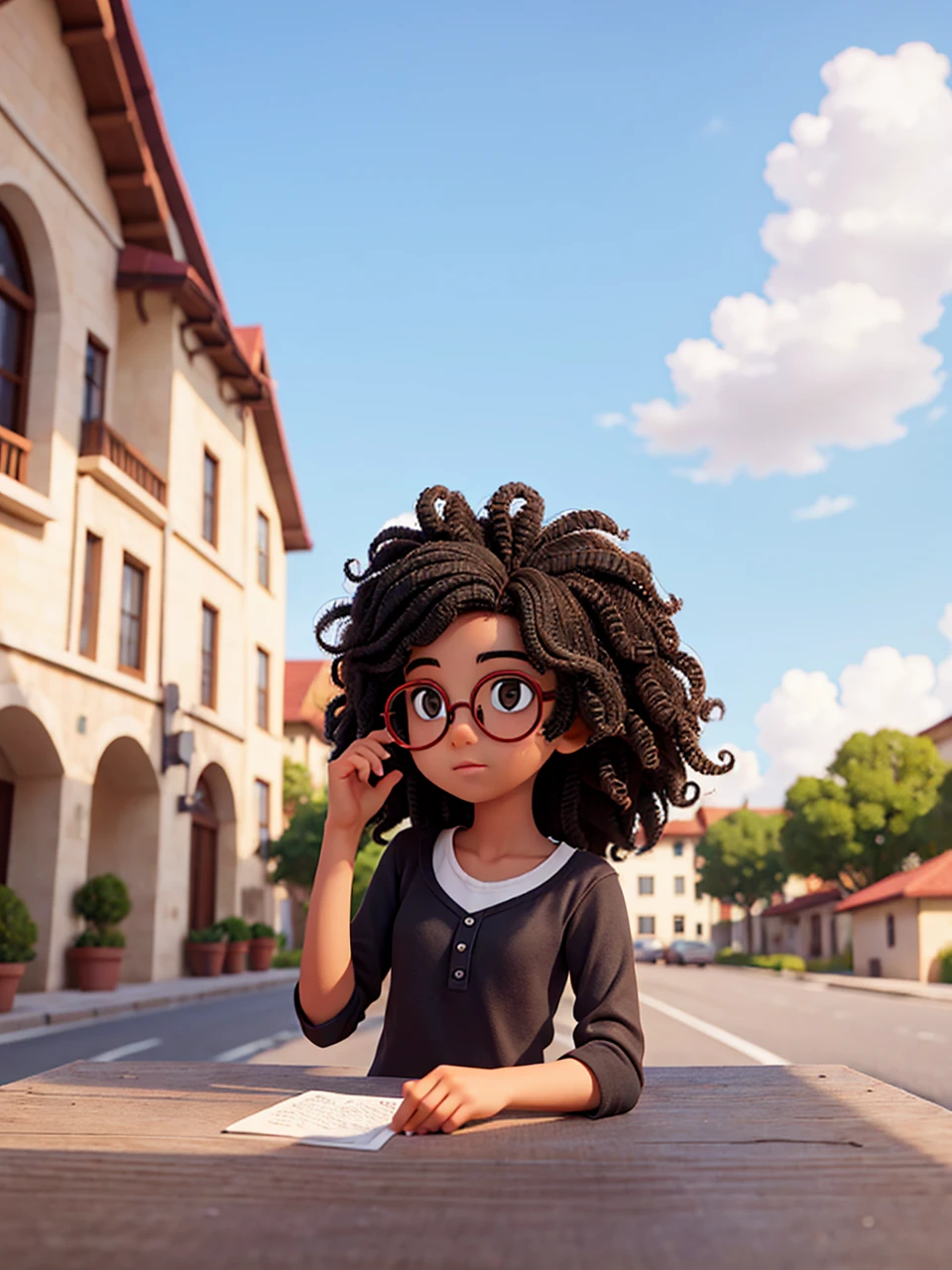 teenager,black curly hair, round glasses and is thin