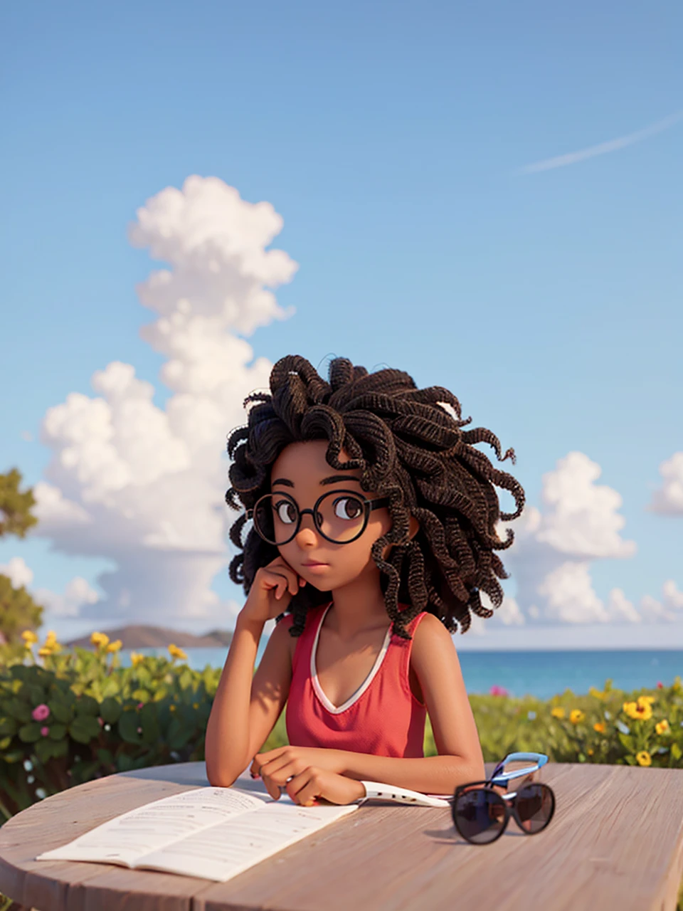 teenager,black curly hair, round glasses and is thin