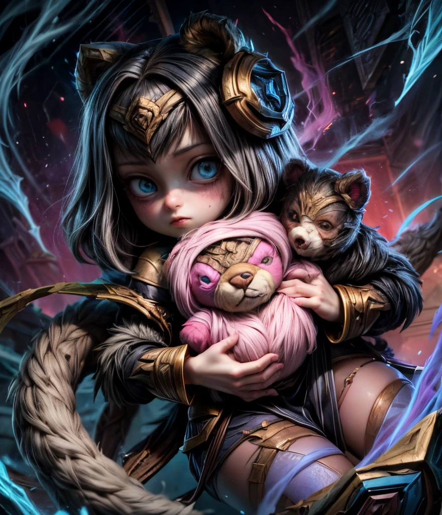 [(League of legends:1.5), creepy, dark, black and white, detailed manga line art, scared, psychological horror, grotesque, morbid, surreal], a girl holding a teddy bear, Annie, character from League of Legends