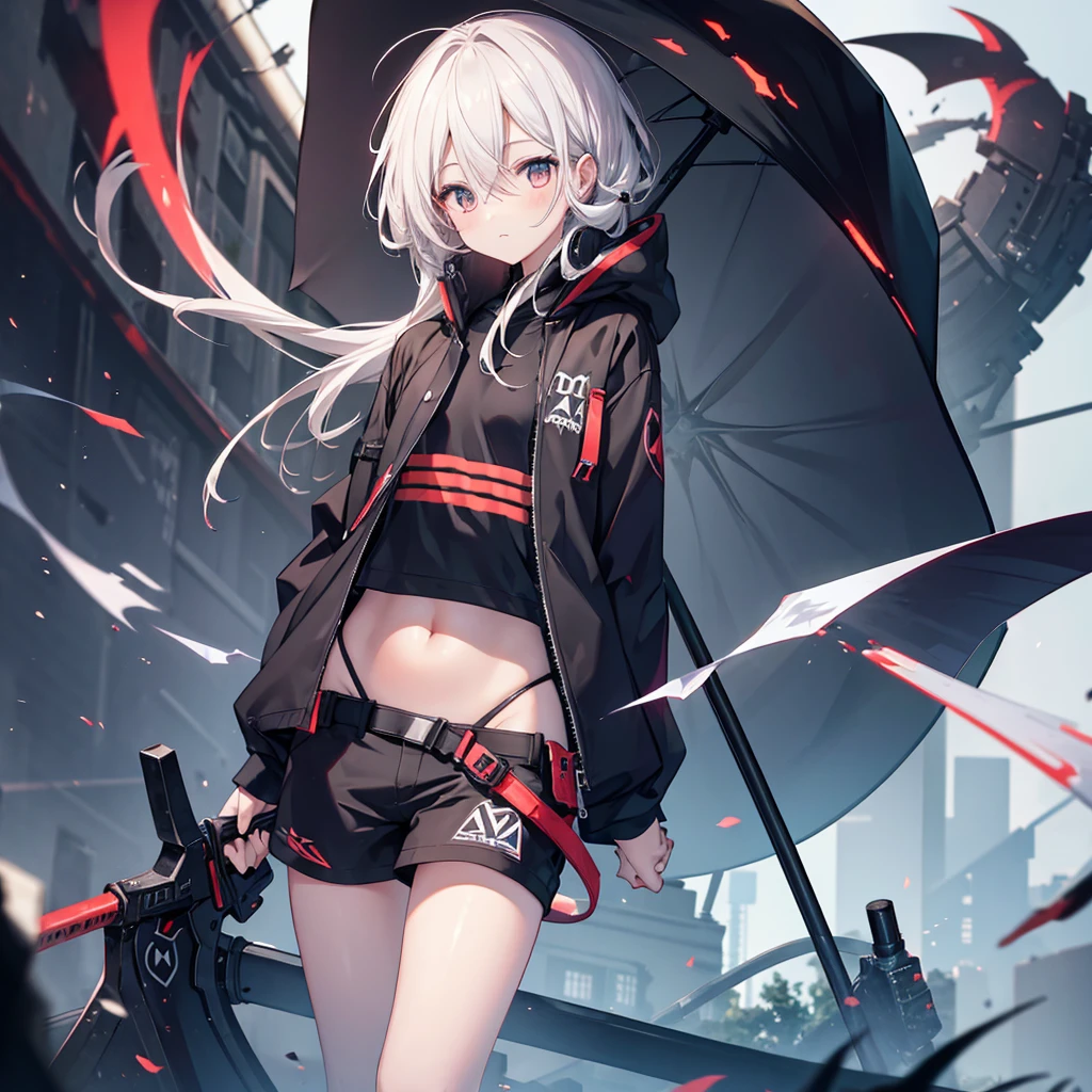 (((Grim Reaper&#39;s Scythe)))　(((Gray Hair　Short Hair　blue eyes　girl　Close-up)))，((night　full moon　My own big wings))，(Wearing a hood　Black camisole　Purple light)，　A tense look　Shining Background　Shining Edge