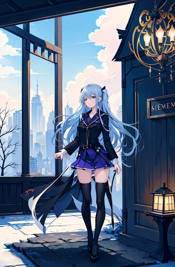 1girl,  solo, outdoors, long hair, holy place, Original,(Illustration:1.1),(Best Quality),(masutepiece:1.1),(the Extremely Detailed CG Unity 8K Wallpapers:1.1), (Colorful:0.9),(mid-shot:0.95),(extremely detailed beautiful face),(Solo:1.2), (girl),(((Lori))), (Detailed beautiful eyes:1.15), (Beautiful face:1.15), (Glowing blue eyes:1.25////),(((sky blue Long Hair))),(two side up),(+perfect hand+:1.21),(Draw illustration of Japan priestess costume),(slender),(White pleated skirt),(Gothic),((black thighhighs)),(frilld),(Beautiful Slender Lolita Girl),hallowween,standing, girl,,  girl,foggy place,vampire,sky blue hair,((full body,whole body)),((black thighhighs)),((black thighhighs)),((full body,whole body)),((full body,whole body)),((full body,whole body)),