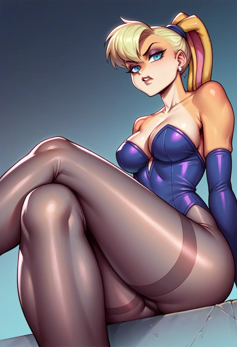 Lola bunny(stunning, bombshell, gorgeous), detailed face, mean, scolding, displeased, intimidating, threatening, red creamy full lipstick, long blonde hair, purple metallic eyeshadow, blue eyes, wearing brown glossy pantyhose, detailed legs, detailed pantyhose fabric, black shiny nylon elbow gloves, black silky lycra nightgown, fine details, masterpiece natural beauty posing seductively for the viewer,((extra glossy double layer pantyhose)) black shiny elbow gloves,((sitting)), (low angle shot) close-up, side view ((Flicking away huge glob of snot)), ((looking down to the wiever)), aroused, side view, natural beauty,