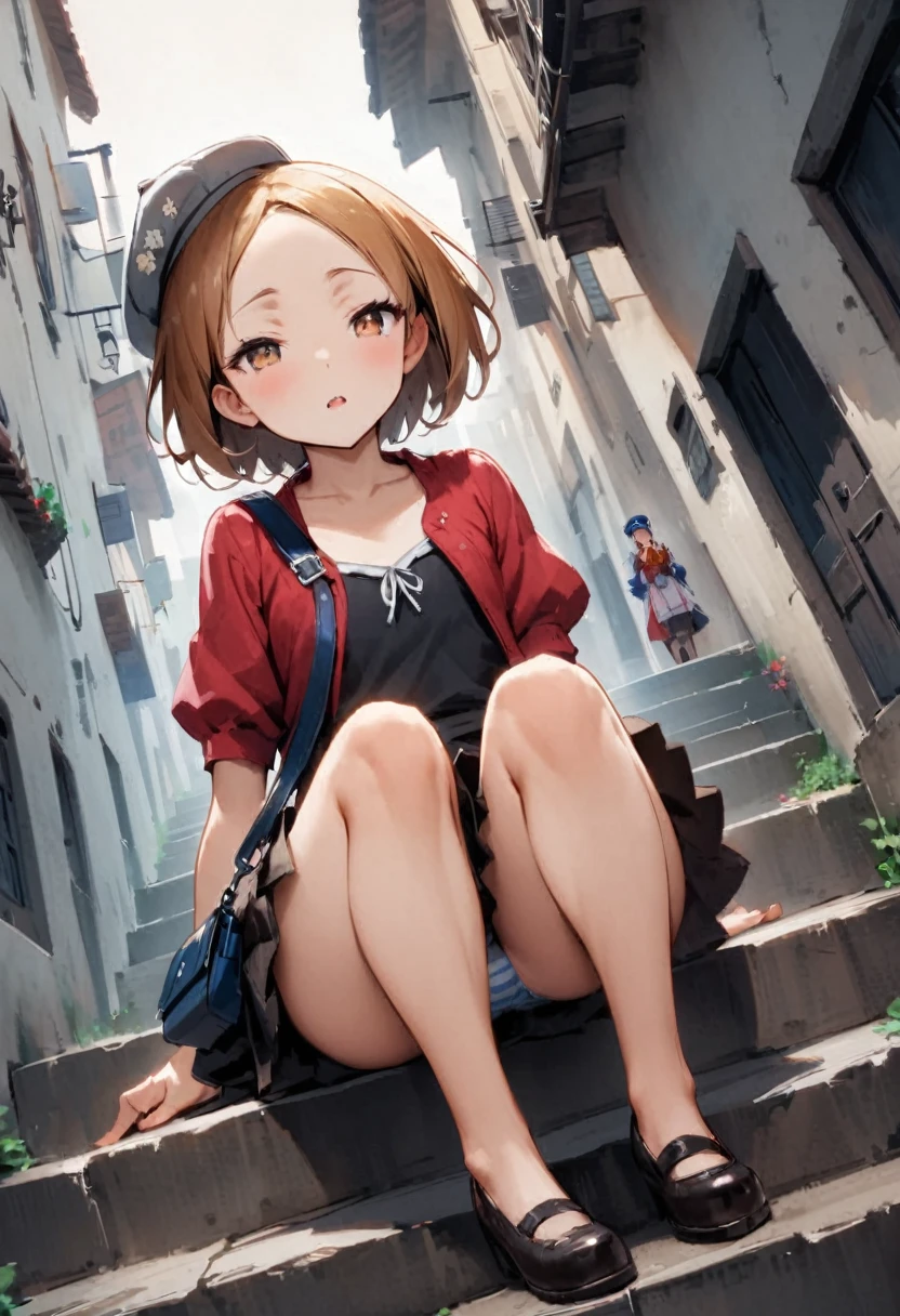 squatting,open legs、from directly below、Legs2Book、Panties with horizontal stripes、sit on the step、I'm looking away、In town、bustling street、cap、Shoulder bag、mini skirt、Private Server、Girl、Girl、Younger、Baby Face、flat chest、forehead、Dynamic Angle、Squinting、Both eyes open、Voyeur style、ground