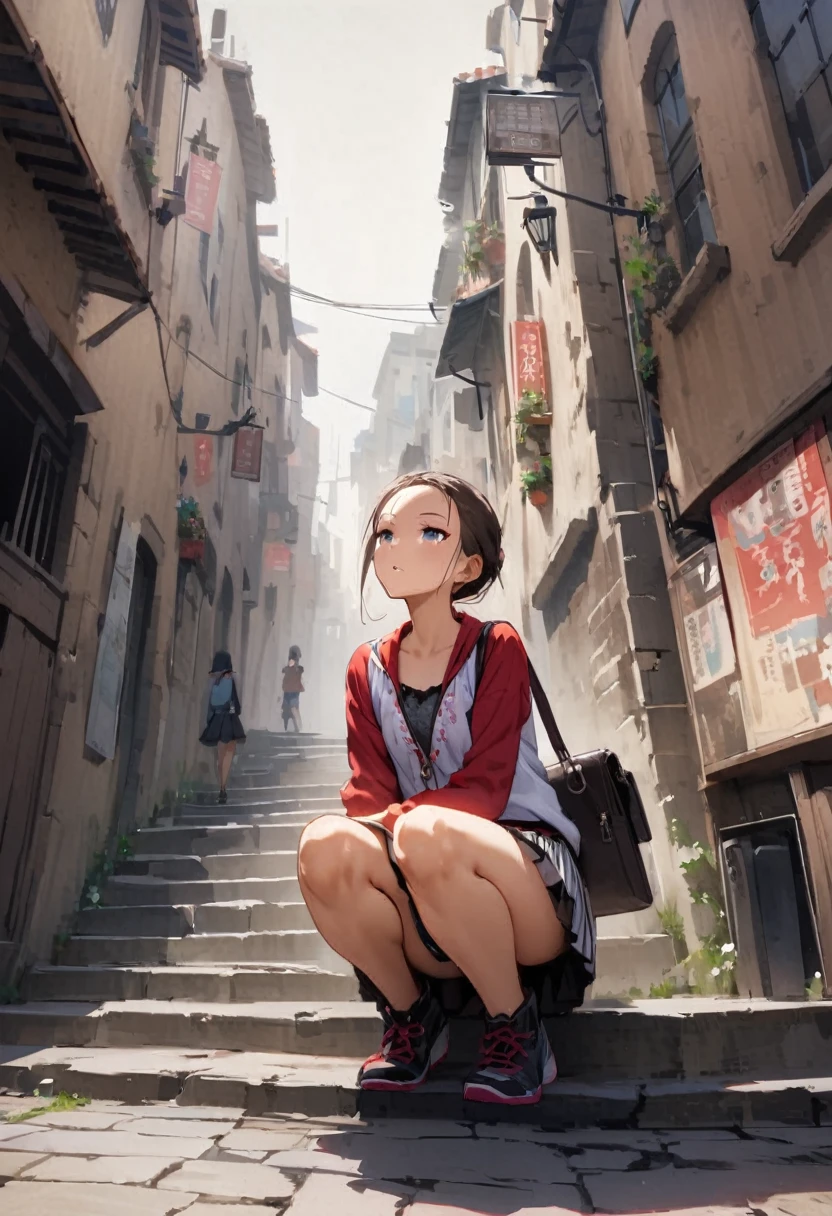 squatting,open legs、from directly below、Legs2Book、Panties with horizontal stripes、sit on the step、I'm looking away、In town、bustling street、cap、Shoulder bag、mini skirt、Private Server、Girl、Girl、Younger、Baby Face、flat chest、forehead、Dynamic Angle、Squinting、Both eyes open、Voyeur style、ground