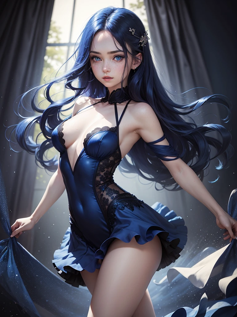 1woman, blue indigo hair, azur blue eyes, pale skin, freckles, black and royal blue ballerina dress, ballerina, arabesque pose, starry background,medium hair, medium chest
