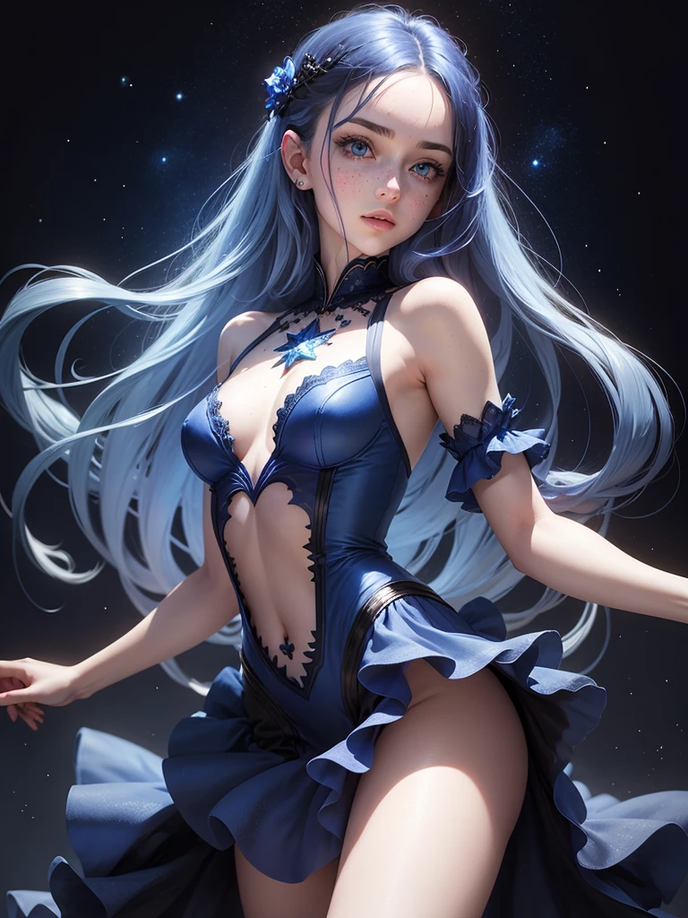 1woman, blue indigo hair, azur blue eyes, pale skin, freckles, black and royal blue ballerina dress, ballerina, arabesque pose, starry background,medium hair, medium chest
