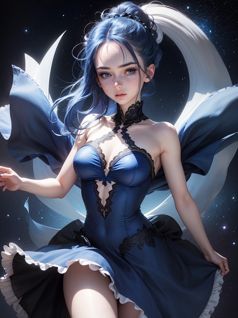 1woman, blue indigo hair, azur blue eyes, pale skin, freckles, black and royal blue ballerina dress, ballerina, arabesque pose, starry background,medium hair, medium chest