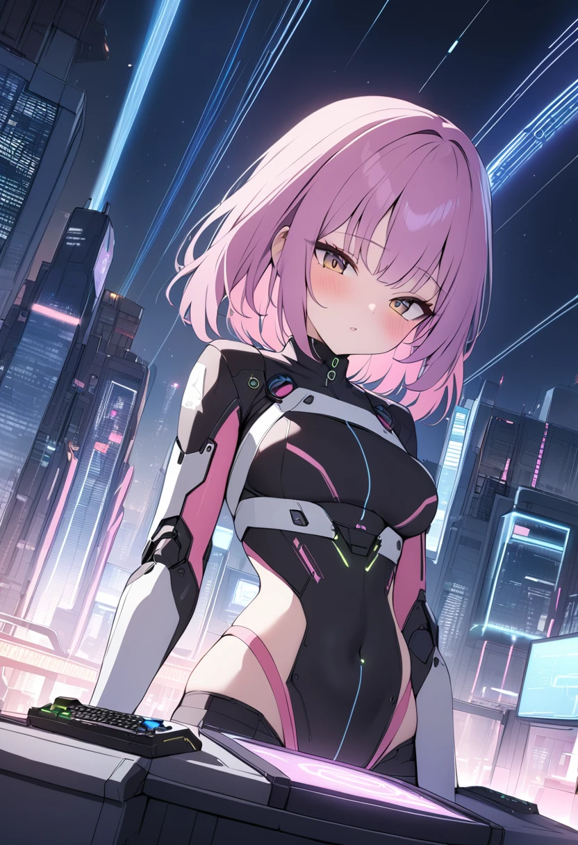 masterpiece, best quality, 1girl, solo,pink hair,purple hair,(cyberpunk clothes),mechanical clothes,dynamic_angle,front view,star_trail,beautiful detailed glow,(console:1.3),sci-fi city,