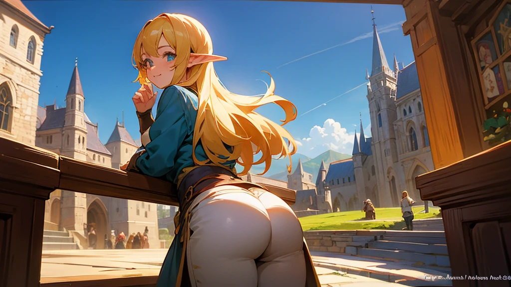 Anime Style,Nostalgic,Detailed background,The medieval world,A lively bar with lots of people,Beautiful sky,A beautiful bard elf girl looking back at me,big buttocks sticking out,I can see the distant scenery