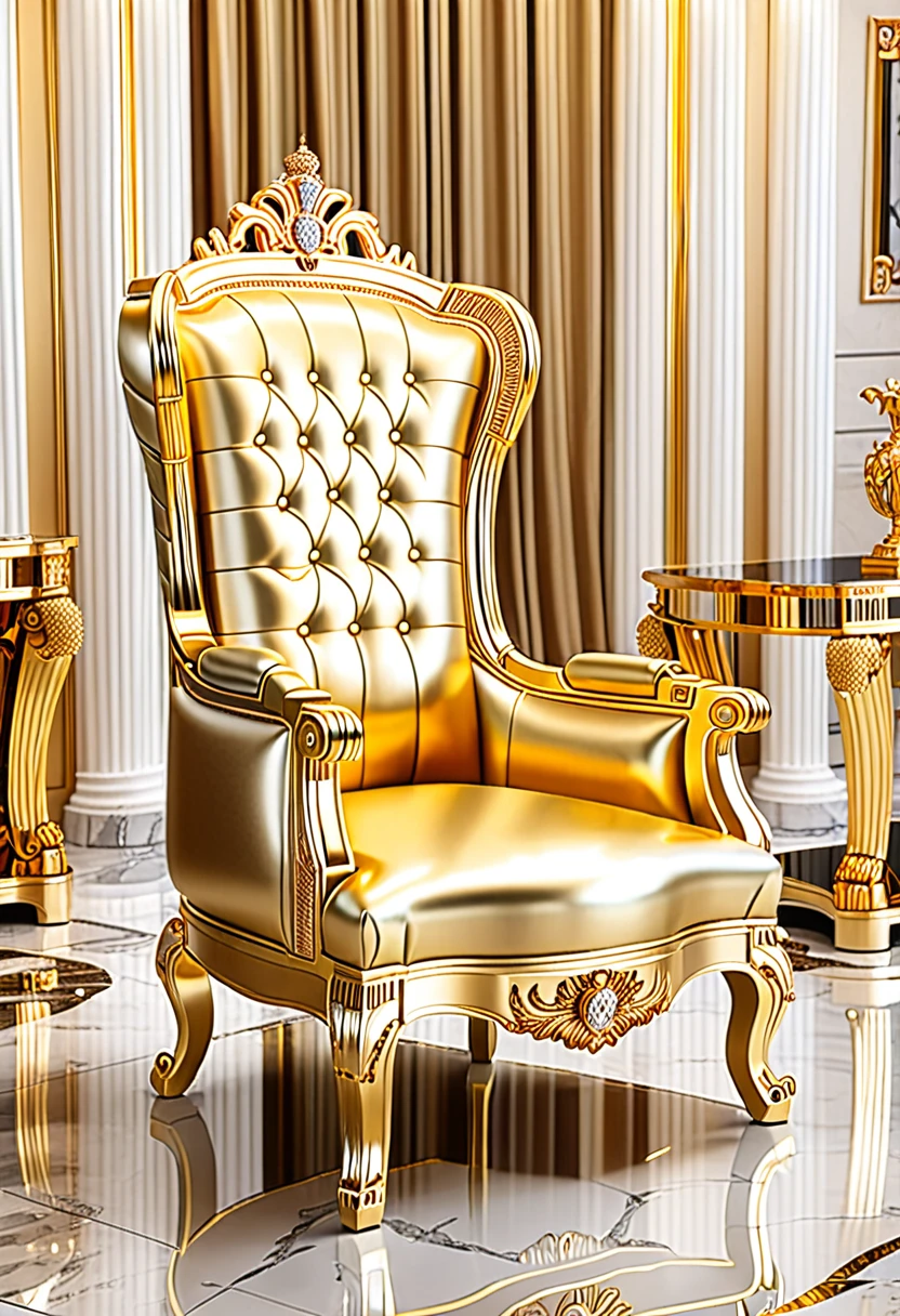 best quality, 2.5D, delicate and dynamic depiction, flashy, luxurious and tasteless president's chair, power, money-grubber, pure gold desk and chair, pure gold room interior, pure gold furniture, pure gold ornaments