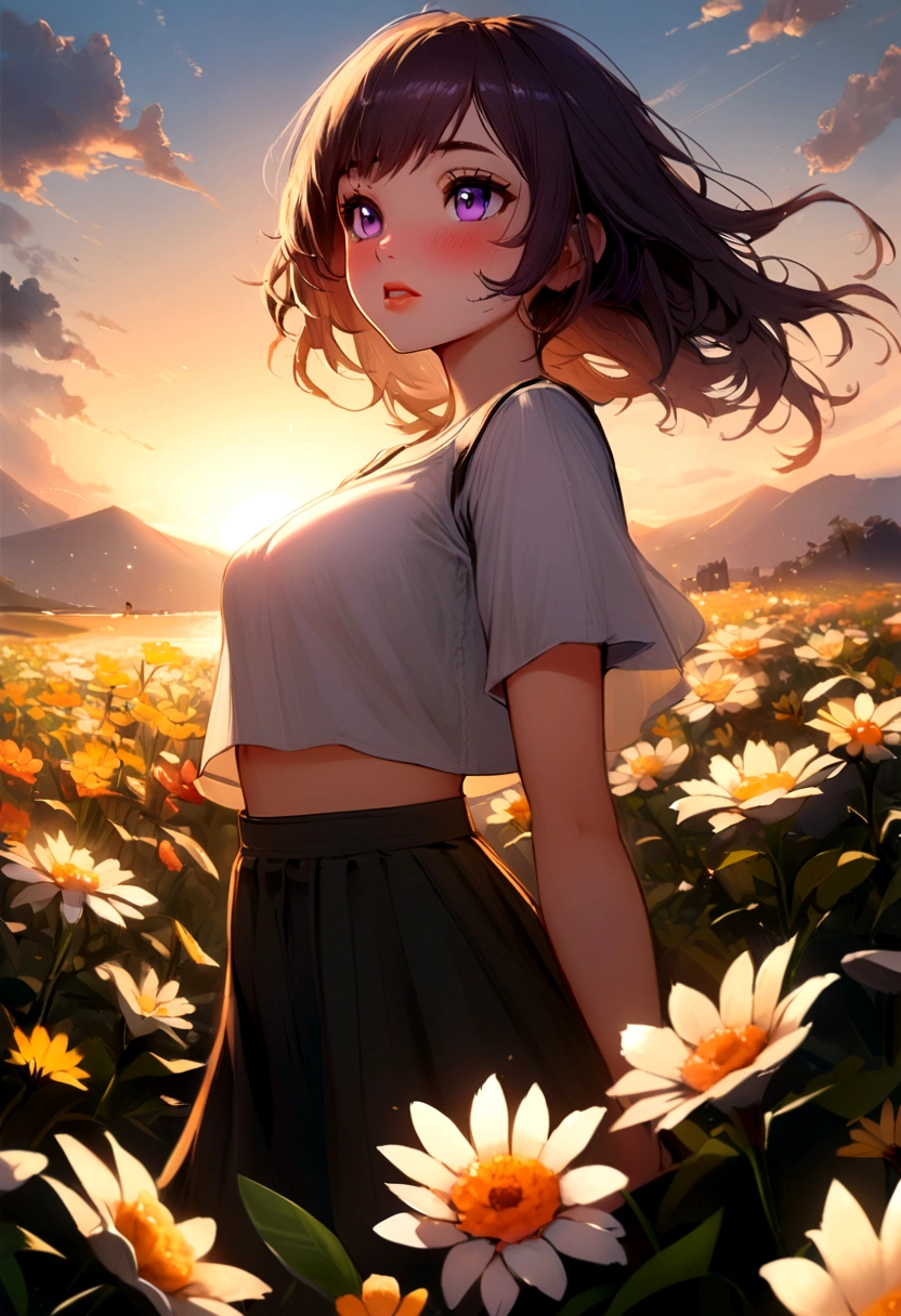 realist, 1 girl, by white, purple eyes, bright Eyes, crop top, Skirt, Chapped lips, blush, evening, flores, sun, sunlight,