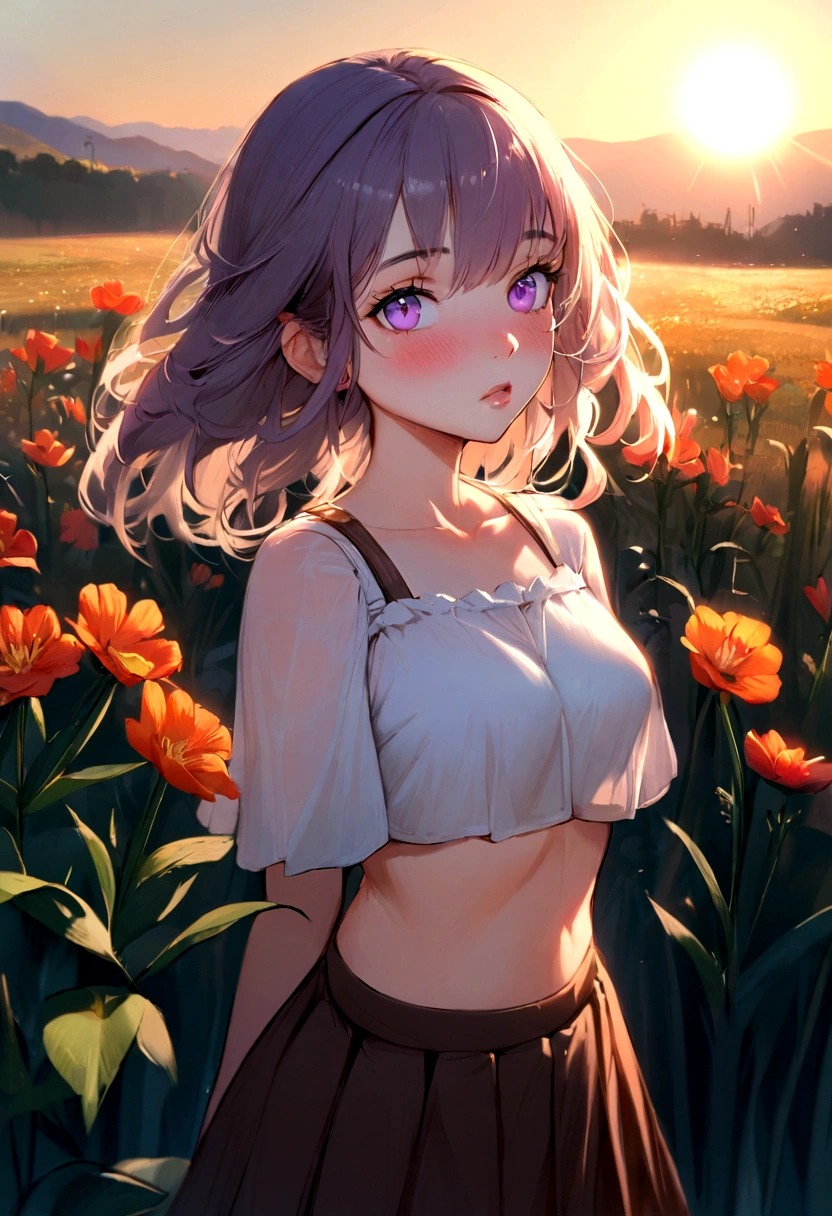 realist, 1 girl, by white, purple eyes, bright Eyes, crop top, Skirt, Chapped lips, blush, evening, flores, sun, sunlight,