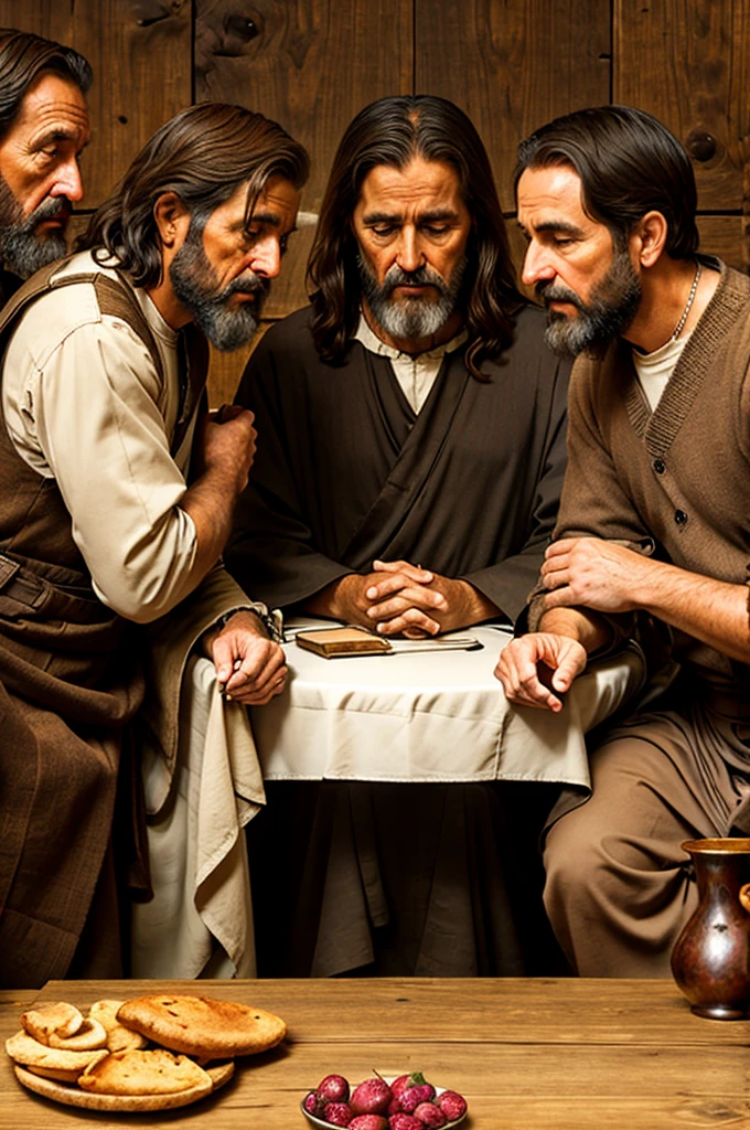 3 old apostles of Jesus exchanging secrets at a table