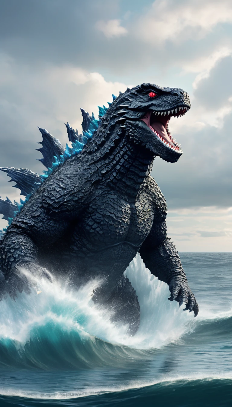 A close shot of 400 feet godzilla swimming into the ocean in a High pixel animation