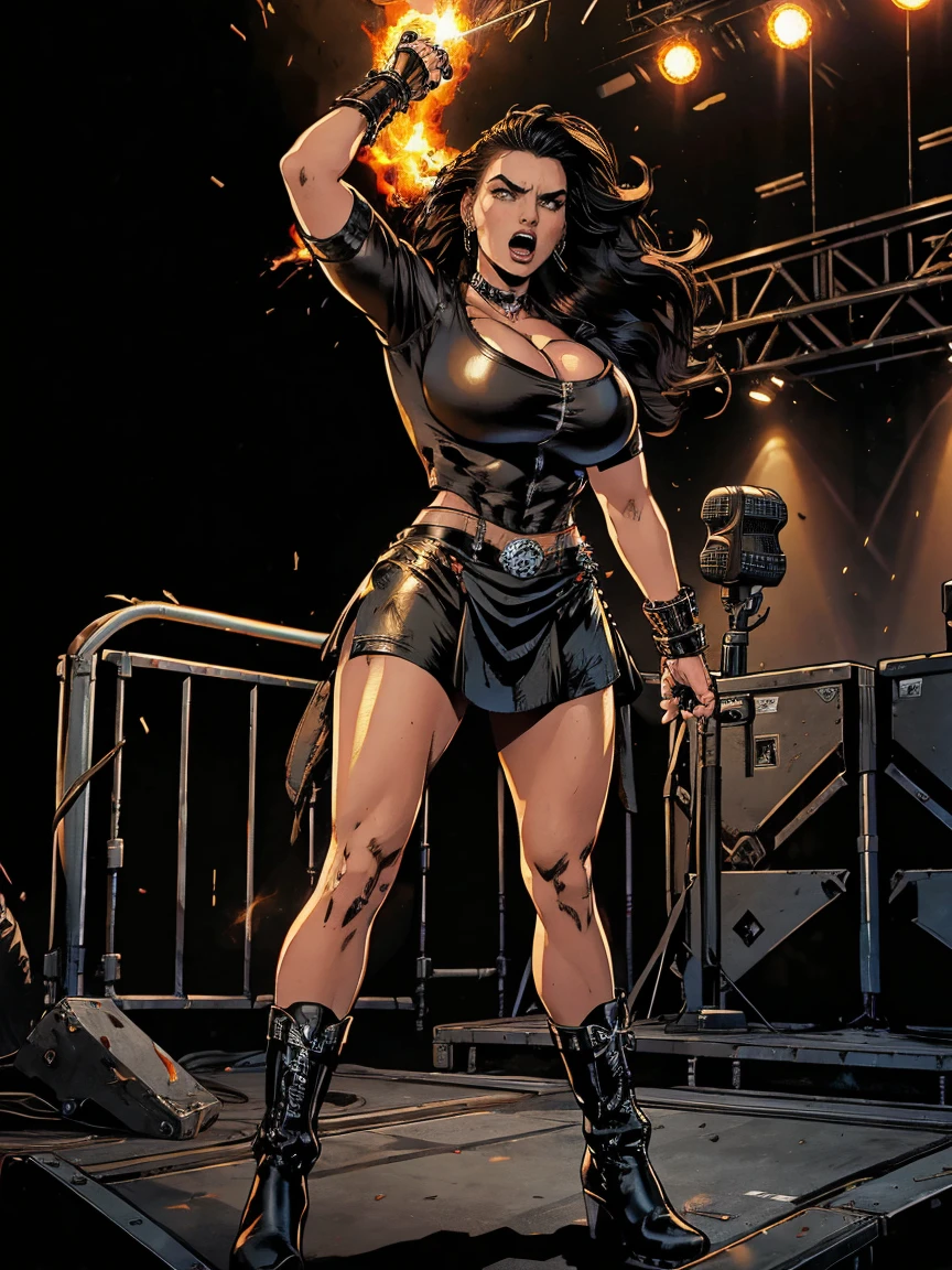Extremely busty thin and toned brunette death metal singer, college girl, fair skin, big hair, hair pulled back, soft face, athletic, heavy makeup, piercings, black leather, studs, tight black top, boots, fingerless gloves, tight skirt, chains. standing on a stage, pyrotechnics, holding a microphone, metal concert. (microphone, fist in the sky), angry, rage, screaming. Heavy metal. Death metal. Explosions, fire.