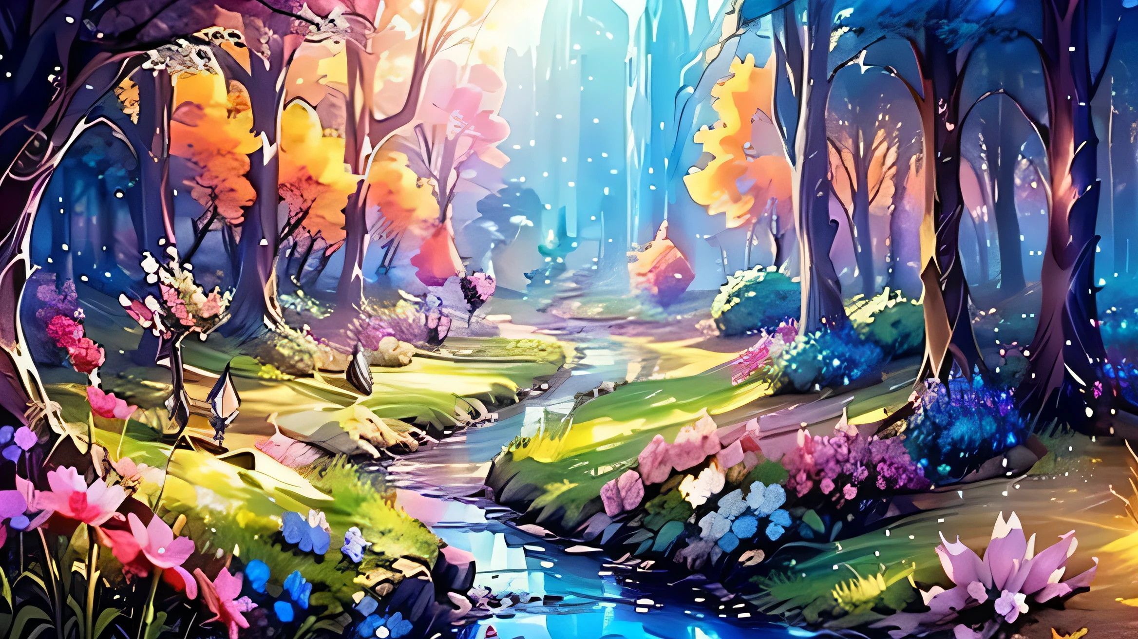 Top quality, high quality, delicate colors, watercolor style, background illustration, anime style, fantasy, sparkling light particles, blooming beautiful flowers, ink splashes, color splashes, soft lighting, landscape,prismatic effect