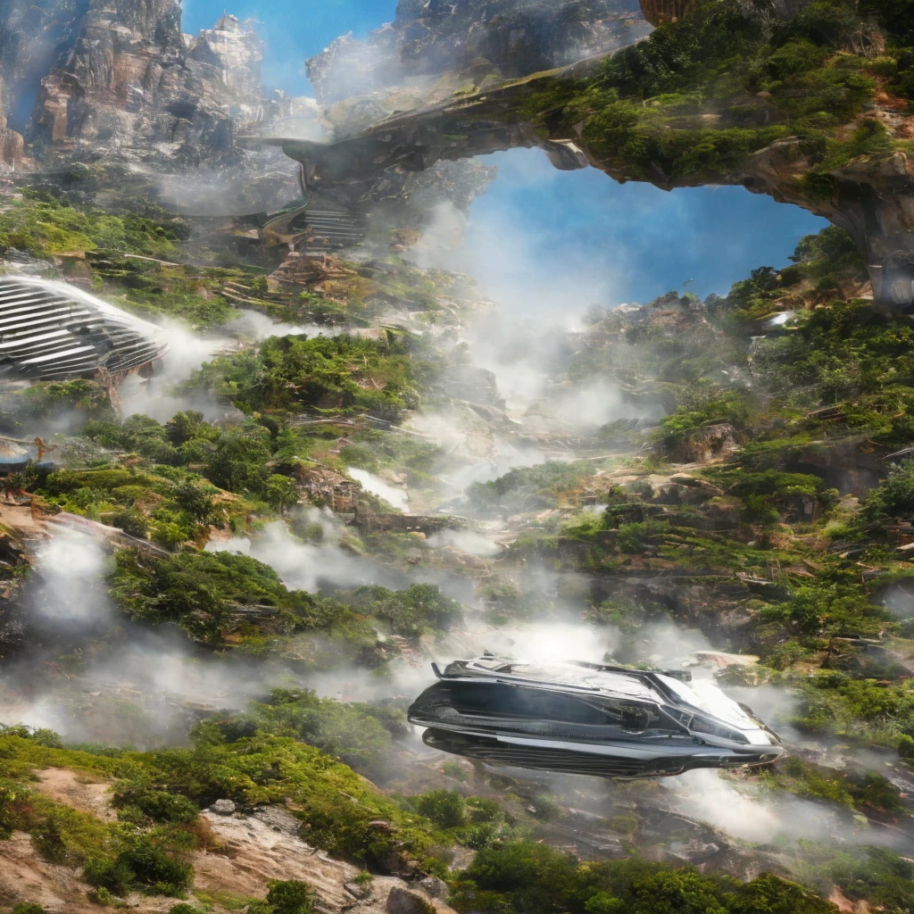 A spaceship lands on a platform at the top of a very tall futuristic building. Pilots around the ship and in the distance a gigantic futuristic city, in the middle of mountains and plains. Lots of vegetation and water. Birds flying and a blue sky with lots of clouds. Humid atmosphere and lots of sunlight. maximum quality, beautiful, master piece, Rendering, mil, high resolution realistic texture, filmic grain, cinematic