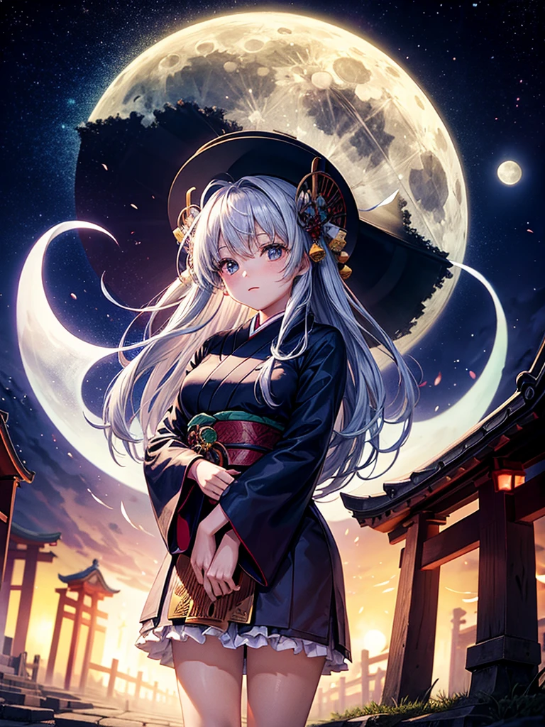 Highest quality,Highest Resolution,Cemetery at night,Ghost Girl,Japan,Ghost,Shrine maiden costume,full moon,Halo,