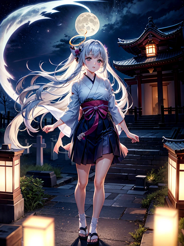 Highest quality,Highest Resolution,Cemetery at night,Ghost Girl,Japan,Ghost,Shrine maiden costume,full moon,Halo,