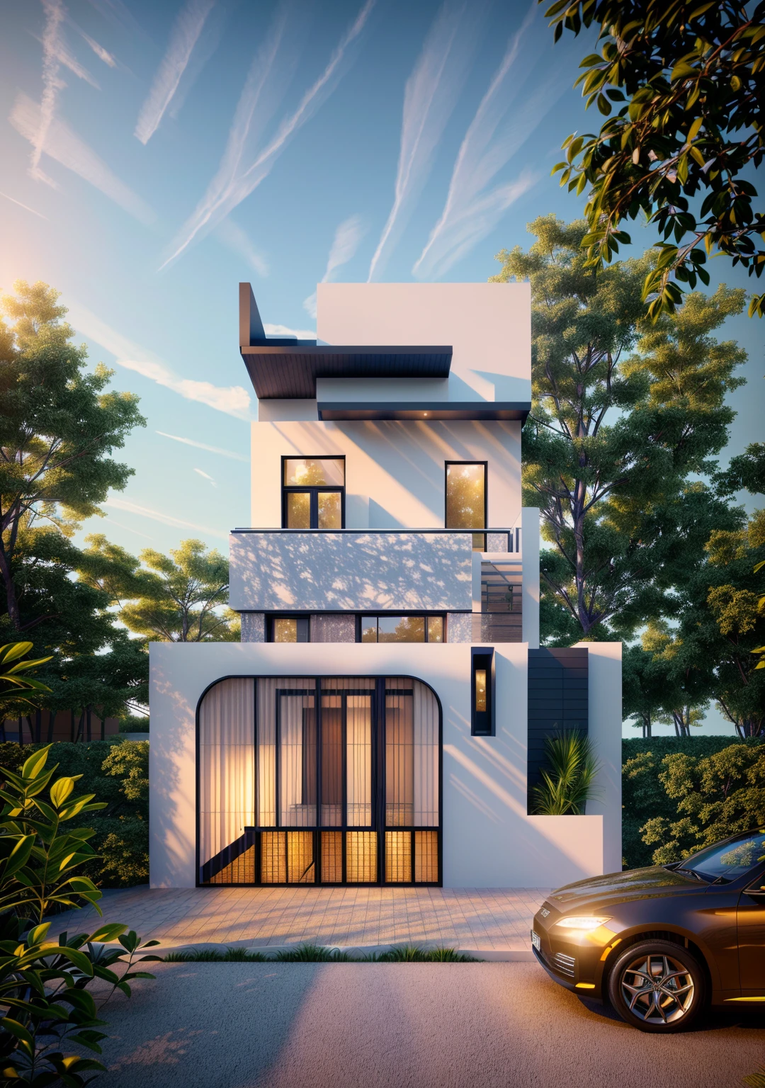 villa modern,nuit, realistic, Outside, sunlight, house, Photo brute, 8k uh, digital SLR, (highly detailed skin:1.3), Soft lighting, ultra quality, grain de film, Fujifilm XT3, sharp image, best quality, authentique, High quality,