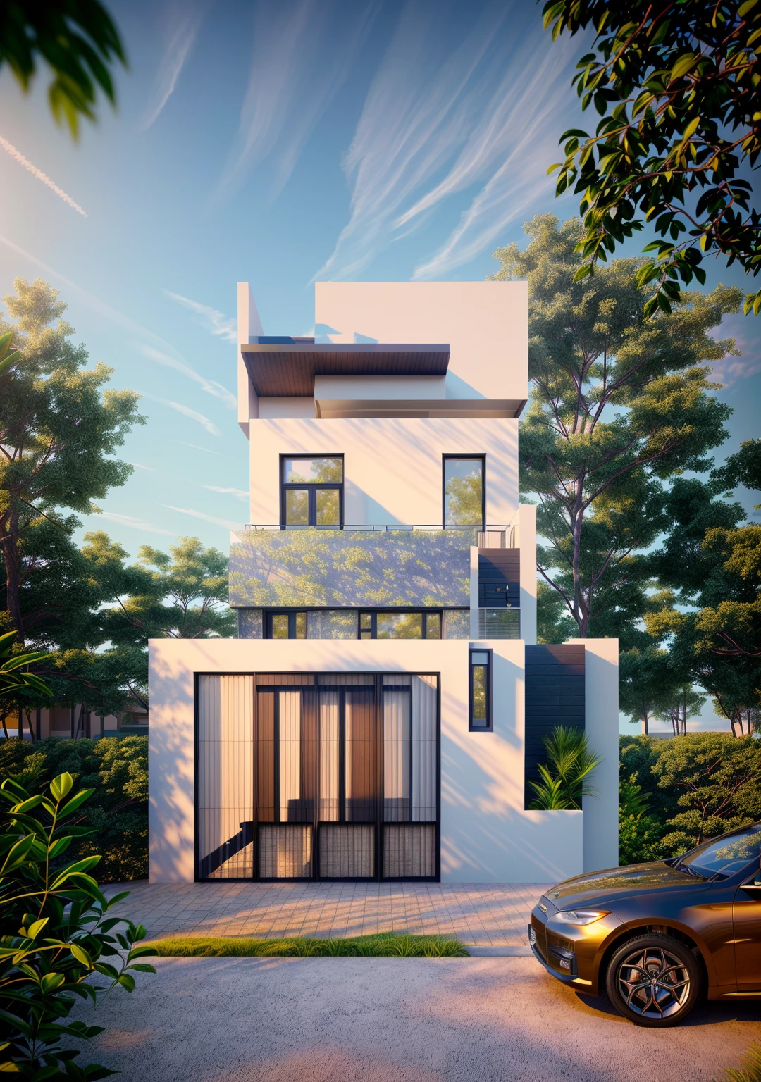 villa modern,nuit, realistic, Outside, sunlight, house, Photo brute, 8k uh, digital SLR, (highly detailed skin:1.3), Soft lighting, ultra quality, grain de film, Fujifilm XT3, sharp image, best quality, authentique, High quality,