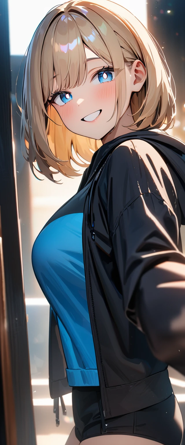 (((One girl))), blond hair, bob cut, (upper body), face in focus, (looking at viewer), big breasts, ager, head tilt:1.3, (((blue eye, bright pupils))), half-closed eyes, (from side), selfie, reaching, ((happy smile)), black hoodie:1.3, black shorts:1.3, anime style, (best quality, 4k, 8k, highres, masterpiece:1.2, ultra-detailed, ultra-detailed eyes, HDR, UHD, studio lighting, ultra-fine painting, sharp focus, physically-based rendering, extreme detail description, professional, vivid colors, bokeh)