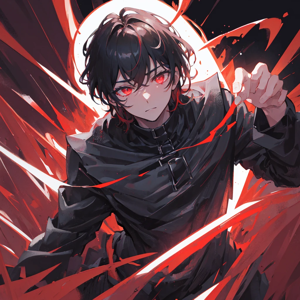 A male god,dark,Black clothes,Dark Ability,short hair,Black-red tones,((Pure black background))