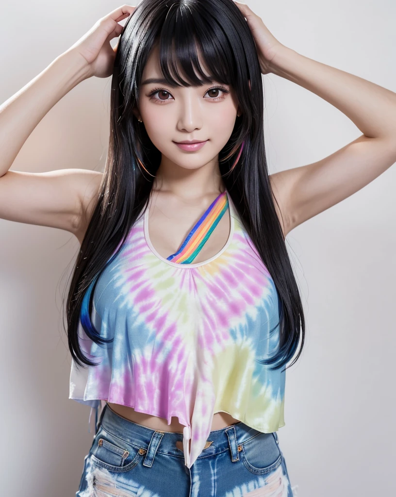 (Highest quality, 32k, High resolution, Masterpiece:1.5), marimo_jet, magnificent々A photograph with brilliant dazzling and healing power., Evoking a sense of calm and elusive beauty, Expressing emotions, Have a rich imagination, Beautiful Japanese Girls, An exceptionally beautiful face, Small Face Beauty, ((whole body:1.2)), Perfect Human Anatomy, Magical big eyes, Motherhood and generosity, Deep Love, fleeting smile, ((Shiny black hair:1.4)), Intricately messy super long straight silk hair, Asymmetrical bangs, Hair between the eyes, Transparent, soft white skin, Sharp eyebrows, Thin lashes, Natural Makeup, Cheek highlighter, Pale pink detailed lips, ((Pastel rainbow tie-dye tank top:1.3)), ((Denim shorts:1.2)), High resolutionの完璧な鎖骨, High resolutionの美しい胸元, Slim figure with ample breasts, High resolutionの美しい太もも, ((Tie-dye rainbow on a white background:1.2)), Professional Lighting, Professional photographer, Professional models, mysterious