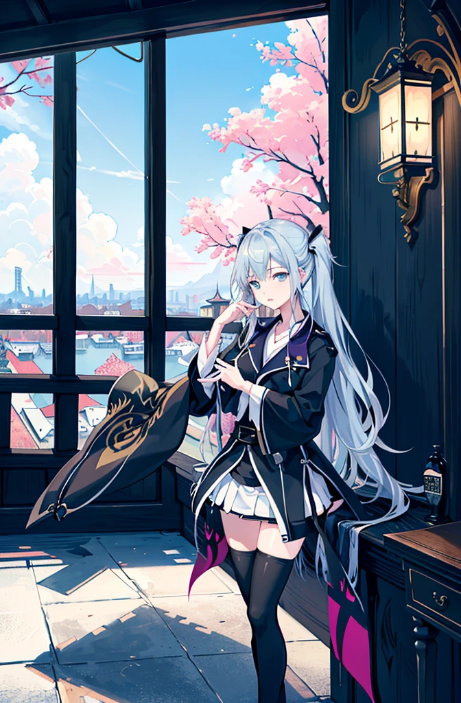 1girl, solo, outdoors, long hair, holy place, Original,(Illustration:1.1),(Best Quality),(masutepiece:1.1),(the Extremely Detailed CG Unity 8K Wallpapers:1.1), (Colorful:0.9),(mid-shot:0.95),(extremely detailed beautiful face),(Solo:1.2), (girl),(((Lori))), (Detailed beautiful eyes:1.15), (Beautiful face:1.15), (Glowing blue eyes:1.25////),(((sky blue Long Hair))),(two side up),(+perfect hand+:1.21),(Draw illustration of Japan priestess costume),(slender),(White pleated skirt),(Gothic),((black thighhighs)),(frilld),(Beautiful Slender Lolita Girl),hallowween,standing, girl,, girl,foggy place,vampire,sky blue hair,((full body,whole body)),((black thighhighs)),((black thighhighs)),((full body,whole body)),((full body,whole body)),((full body,whole body)),