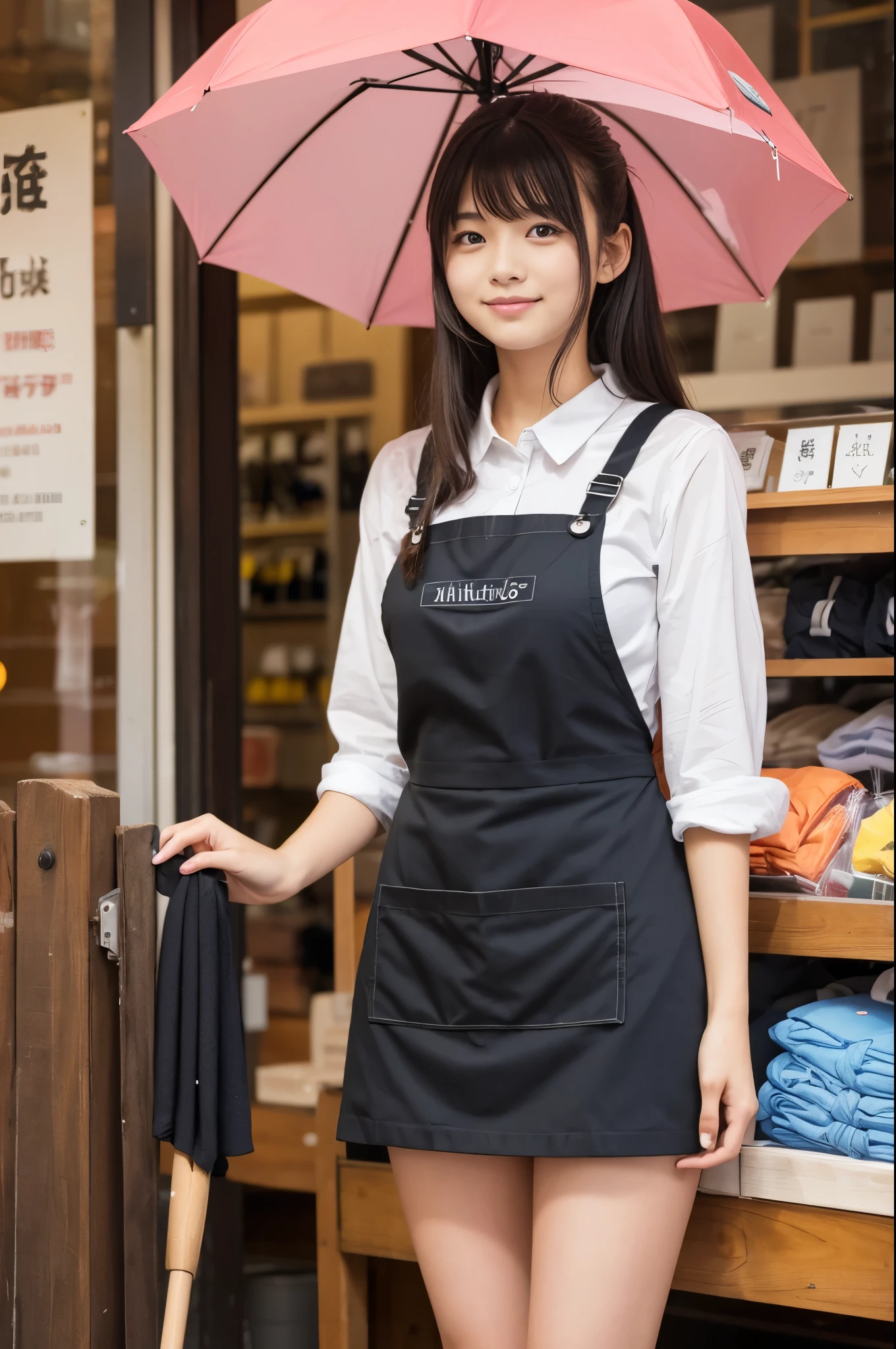 A 20-year-old girl working at an umbrella store（Wearing a miniskirt and apron）