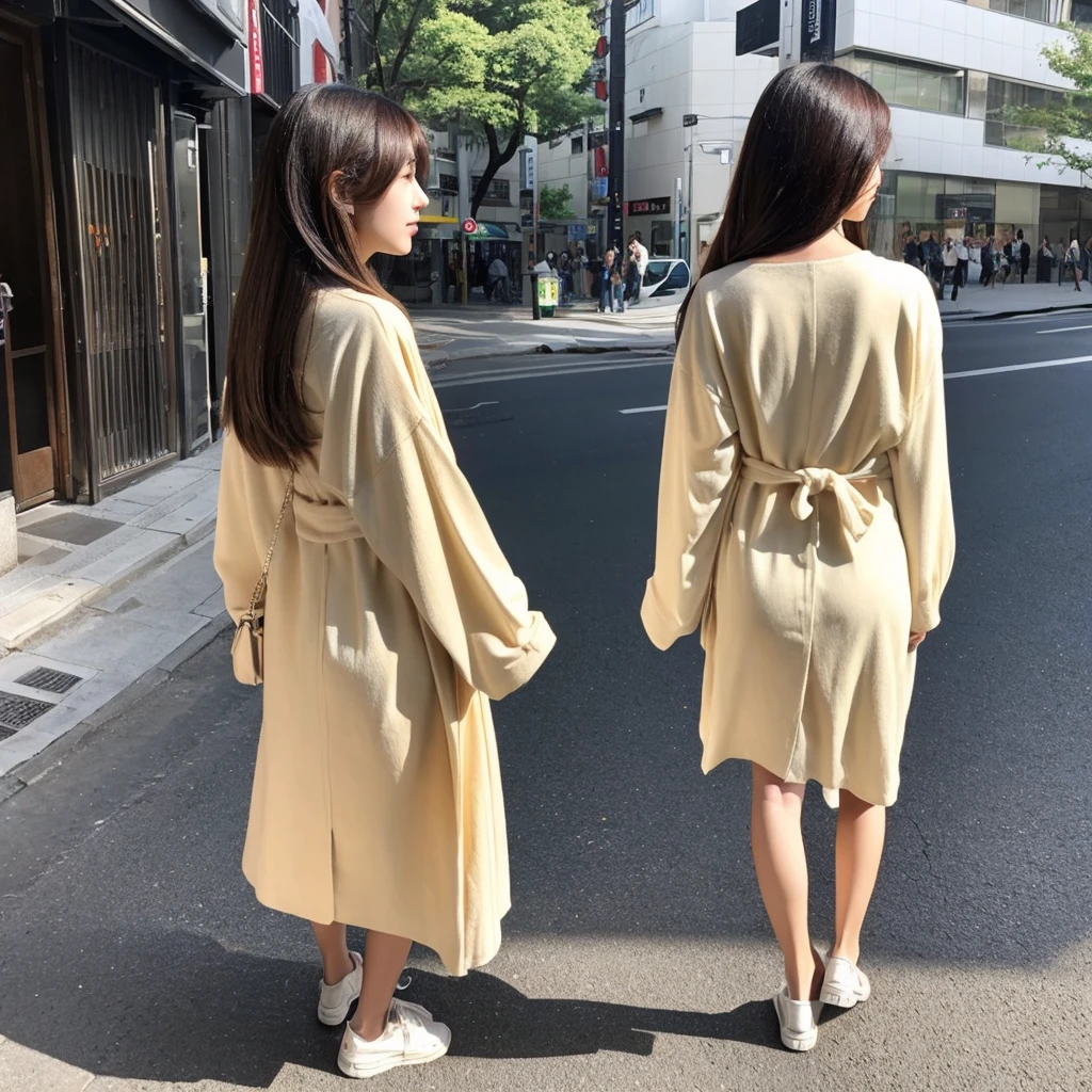 iPhone 15 pro photo, cool fashionable japanese woman, she's beautiful shining straight longhair, full body back view photo ,Realistic hairstyle Photography, Japanese photography style,