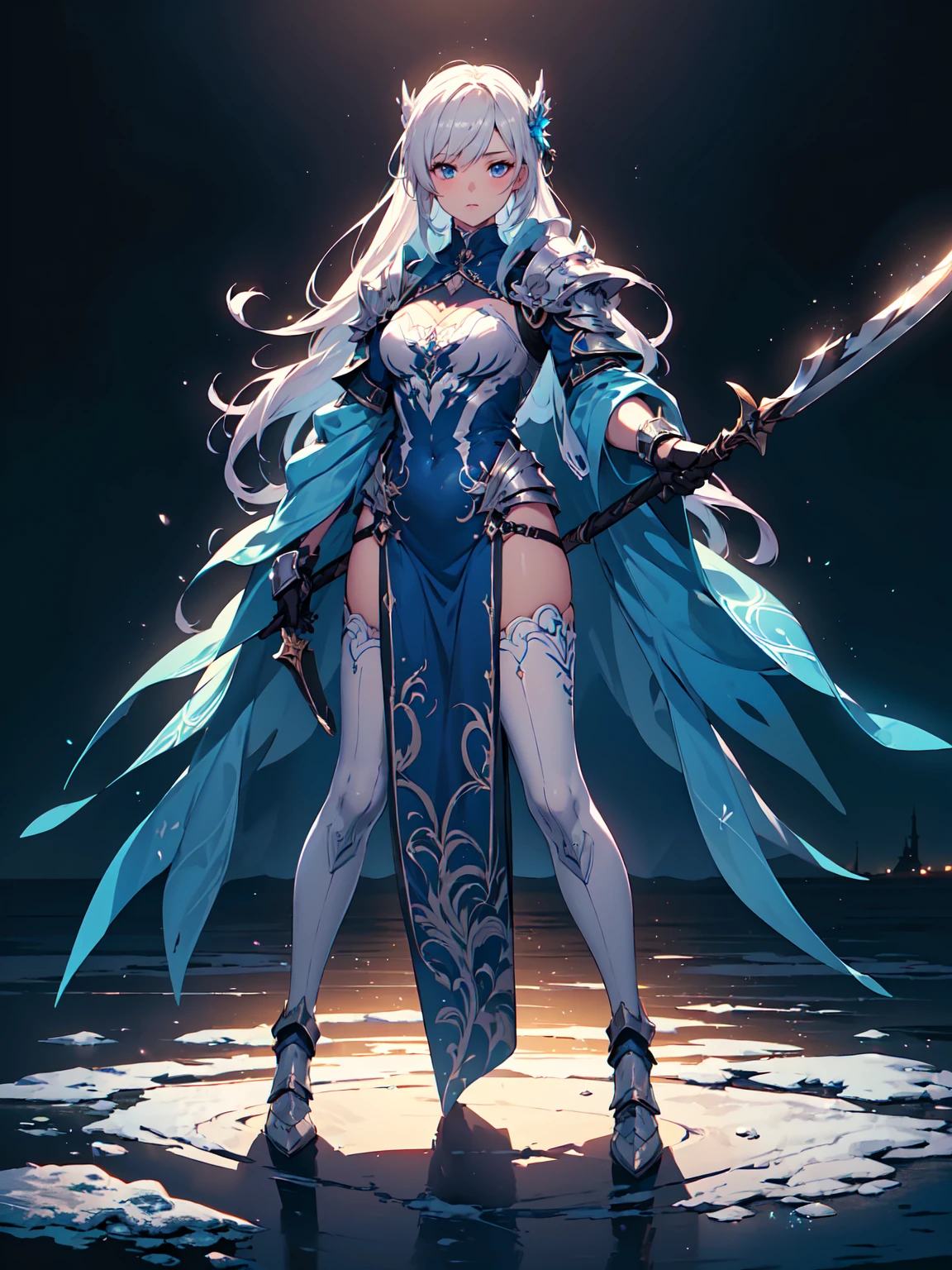 (((masterpiece, best quality, high detailed, 8k))) Design a layout showcase Gaming character, (1girl). Blue|White full body armor, stylish and unique. ((showcase weapon:1.4)), ice spear. (masterpiece:1.2), (best quality), 4k, ultra-detailed. (Step by step design, layout art:1.5), (luminous lighting, atmospheric lighting). ice queen, ((glove full hands)), (((revealing clothes:1.3))), vambraces, armored legwear, (((full_body_shot:1.4))). {On a frozen lake}.