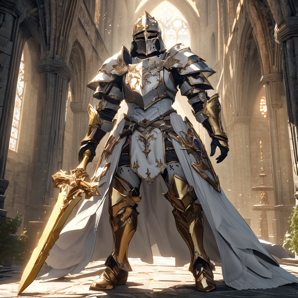 A knight in heavy white armor with golden details, golden boots, golden bracelet, holding a golden sword with sapphire, palatine style helm, in a medieval cathedral. UHD , work- prime, precise, anatomically correct, textured skin, super details, high quality, best quality, 8k, high resolution, bokeh effect. (knight solo ).
