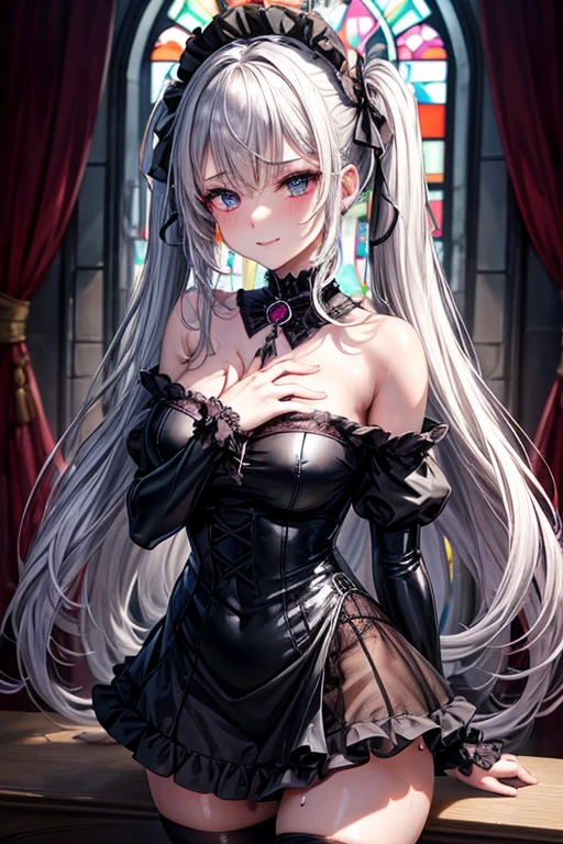 Maquillaje dark gothic duro、my health、deep night sky、horror、dark black eyeshadow、cry、to grieve、Good skin glow、dark gothicメイク、dark smile、palace、Fragrant beauty、22 years、Expression of intense sexual pleasure..、embarrassed look、dark gothic、lewd expression、Of the highest quality、See 5 books、Expression of sexual pleasure in suffering..、drunk face、purple maid outfit、Mysterious、noble、A face that stops the bathroom..、super sexy、loving smile、twin tail hair、Jet black ruffled skirt、right blue eye, The left eye is red.、Super fascinating pose、Platform heels、dark makeup、black lipstick、make the world beautiful、gothic ta costume、a little thin、silver hair、Long Hair Straight Hair、beautiful gothic loliress、beautiful face、elegant face、bewitching face、socks、stained glass background、My chest shines with sweat、The room is dark、gothic long dress、bell sleeve、manga wizard、decadent look、sexually excited look、gothic mode、Shiny thighs wet with water..、Thighs wet and shiny with oil..、Background of a room full of roses..、sad expression、pink maiden、The embroidery is pink、The costume has pink embroidery..、thigh high socks、socks、Her thighs shine with a lot of sweat..、My body is wet and shiny、Lots of shine on the thighs..、perspiration、My thighs are sticky from perspiration、Sweat shines on my thighs, The whole body is sweaty and shiny..、quite sweaty、My thighs are sweaty、My thighs are so wet、I sweat a lot and my thighs are shiny......、A large amount of sweat shines all over the body..、Skinny body、gentle expression、Masturbation behavior、deep black eyeshadow、despicable act、stained glass background y rosa、wearing black underwear、black panties、los muslos son a little thins、duo、female couple、I have lesbian friends、They are standing、hug a girl、vertical、walk、Blue lightning flashes