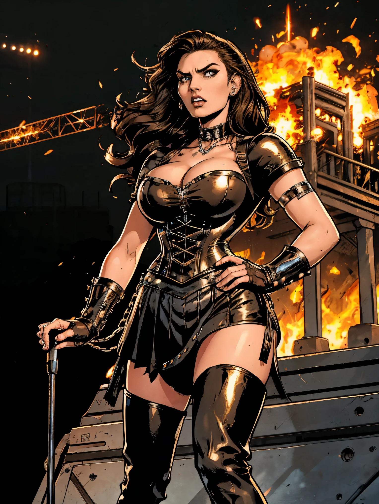Extremely busty thin and toned brunette death metal singer, college girl, fair skin, big hair, hair pulled back, soft face, athletic, heavy makeup, piercings, black leather, studs, corset, boots, fingerless gloves, tight skirt, chains. standing on a stage, pyrotechnics, holding a microphone, metal concert. (microphone, fist in the sky), angry, rage, screaming. Heavy metal. Death metal. Explosions, fire.