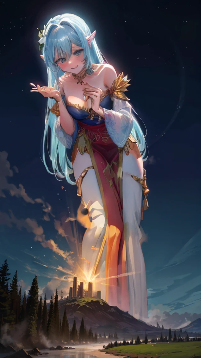 Callista, a 55-meter giant elf, emerges from an enchanted portal at dusk, her alabaster skin glowing in the moonlight. Her long golden hair falls in soft curls over her shoulders and back. Standing in a mystical meadow, her posture is graceful and seductive, one leg slightly bent, one hand caressing a flower while the other rests on her hip. Her eyes, full of wisdom and desire, gaze at the tiny humans at her feet, mesmerized by her ethereal presence. Her lips curl in a mischievous smile and her body, sculpted with grace and natural perfection, radiates an aura of enchanting eroticism, enveloping all present in a spell of submission and mystical awe.