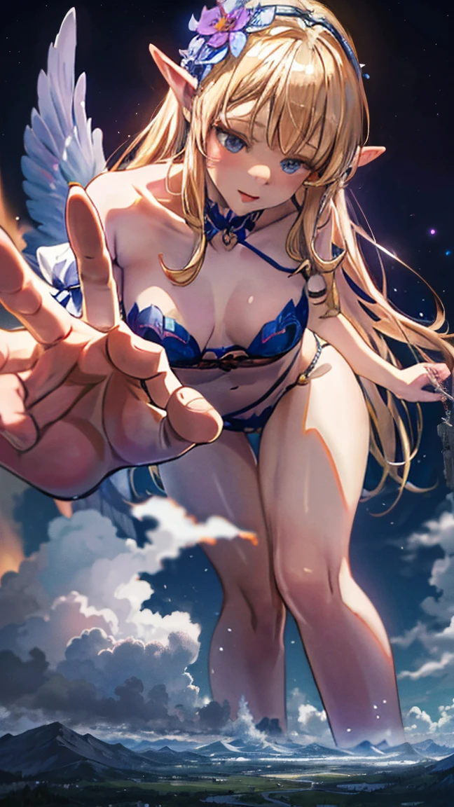 Callista, a 55-meter giant elf, emerges from an enchanted portal at dusk, her alabaster skin glowing in the moonlight. Her long golden hair falls in soft curls over her shoulders and back. Standing in a mystical meadow, her posture is graceful and seductive, one leg slightly bent, one hand caressing a flower while the other rests on her hip. Her eyes, full of wisdom and desire, gaze at the tiny humans at her feet, mesmerized by her ethereal presence. Her lips curl in a mischievous smile and her body, sculpted with grace and natural perfection, radiates an aura of enchanting eroticism, enveloping all present in a spell of submission and mystical awe.