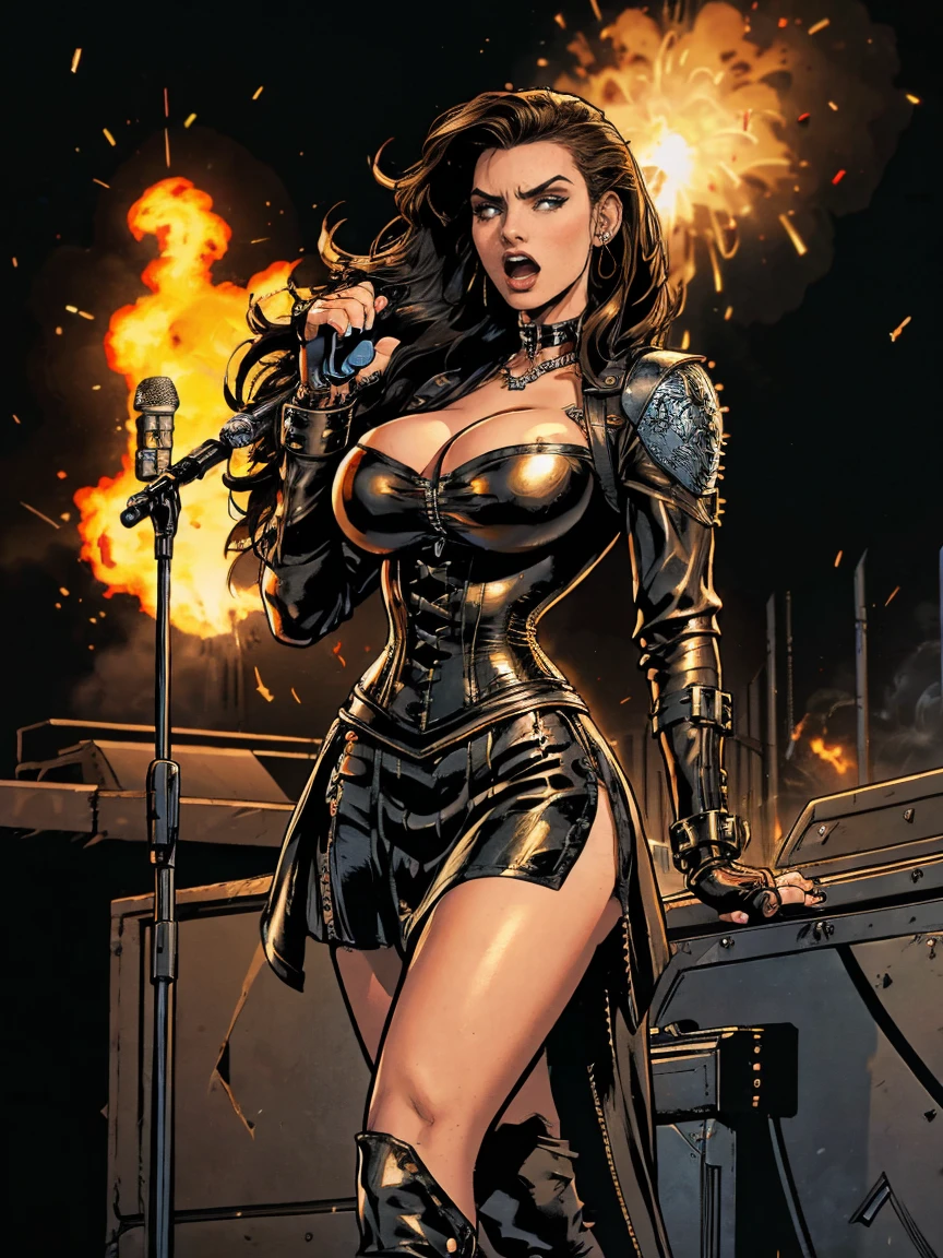 Extremely busty thin and toned brunette death metal singer, college girl, fair skin, big hair, hair pulled back, soft face, athletic, heavy makeup, piercings, black leather, studs, corset, boots, fingerless gloves, tight skirt, chains. standing on a stage, pyrotechnics, holding a microphone, metal concert. (microphone, fist in the sky), angry, rage, screaming. Heavy metal. Death metal. Explosions, fire.