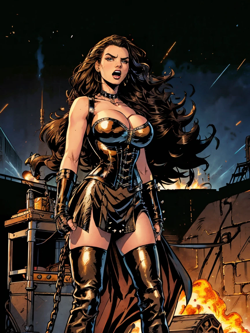 Extremely busty thin and toned brunette death metal singer, college girl, fair skin, big hair, hair pulled back, soft face, athletic, heavy makeup, piercings, black leather, studs, corset, boots, fingerless gloves, tight skirt, chains. standing on a stage, pyrotechnics, holding a microphone, metal concert. (microphone, fist in the sky), angry, rage, screaming. Heavy metal. Death metal. Explosions, fire.