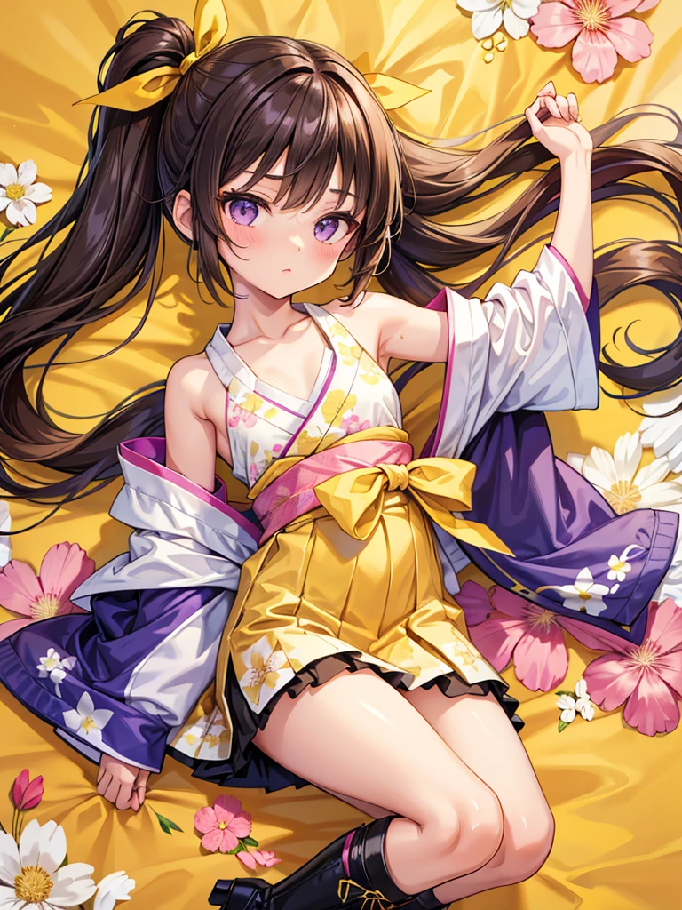 Early teenage girl, black-eyed, brown hair tied to a twin tail with a yellow ribbon, B cup chest, white mini kimono with pink floral pattern fits the skin with sleeveless, shoulder Exposure, armpit and side milk. Wrap a purple band around a kimono to make it look like a skirt. , Black boots,