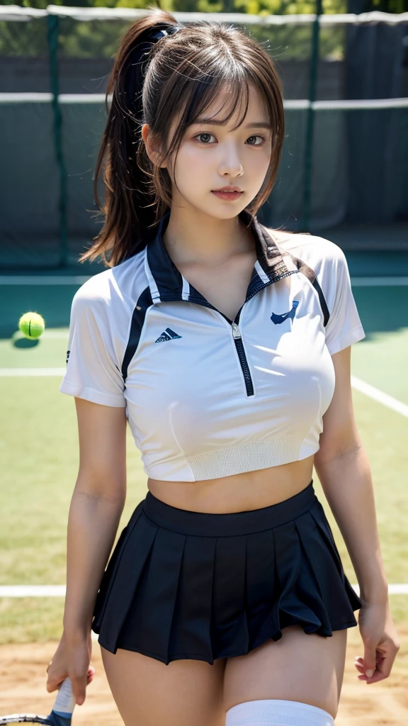 masterpiece, best quality, illustration, Super detailed, fine details, High resolution, 8K,wall paper, perfect dynamic composition, front view, standing, 18 year old girl, tennis player, Gravure Idol, cute type, (Details High quality, realistic depiction of eyes:1.3), (Colossal tits:1.2), expresses the roundness and softness of your chest., low ponytail, black hair color, Dark makeup, Big Natural Color Lip, thick thighs, perfect body shape, plump figure, large hips, beautiful clavicle, white tennis uniform, short sleeve, shirt, skirt, socks, tennis shoes, depth of fields, natural lighting