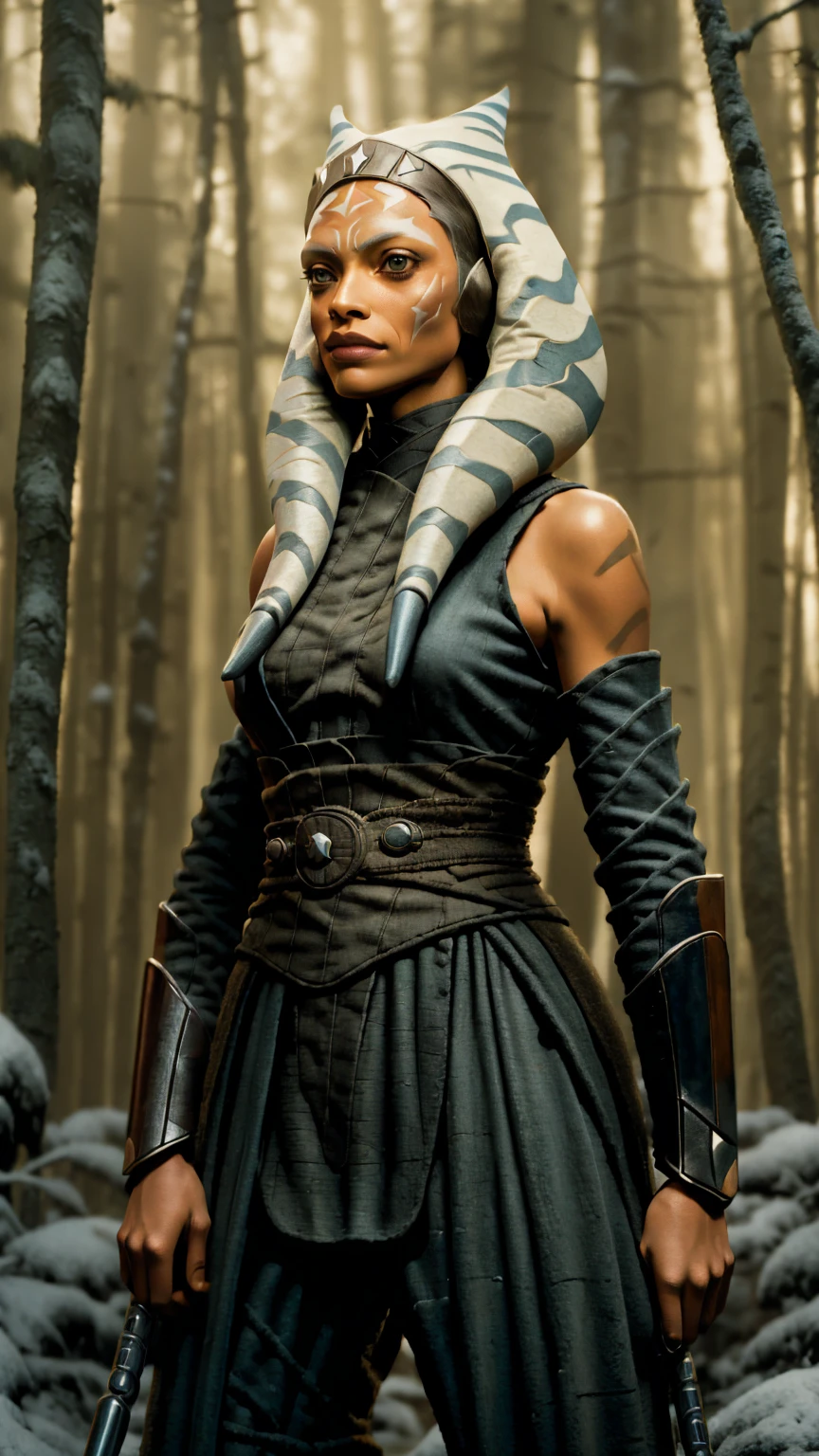 ahsokatano woman, rosario dawson in dark forest, smirk, Photorealistic, Hyperrealistic, Hyperdetailed, analog style, hip cocked, demure, low cut, detailed skin, matte skin, soft lighting, subsurface scattering, realistic, heavy shadow, masterpiece, best quality, ultra realistic, 8k, golden ratio, Intricate, High Detail, film photography, soft focus, Ahsoka Tano (Star Wars), nacked,