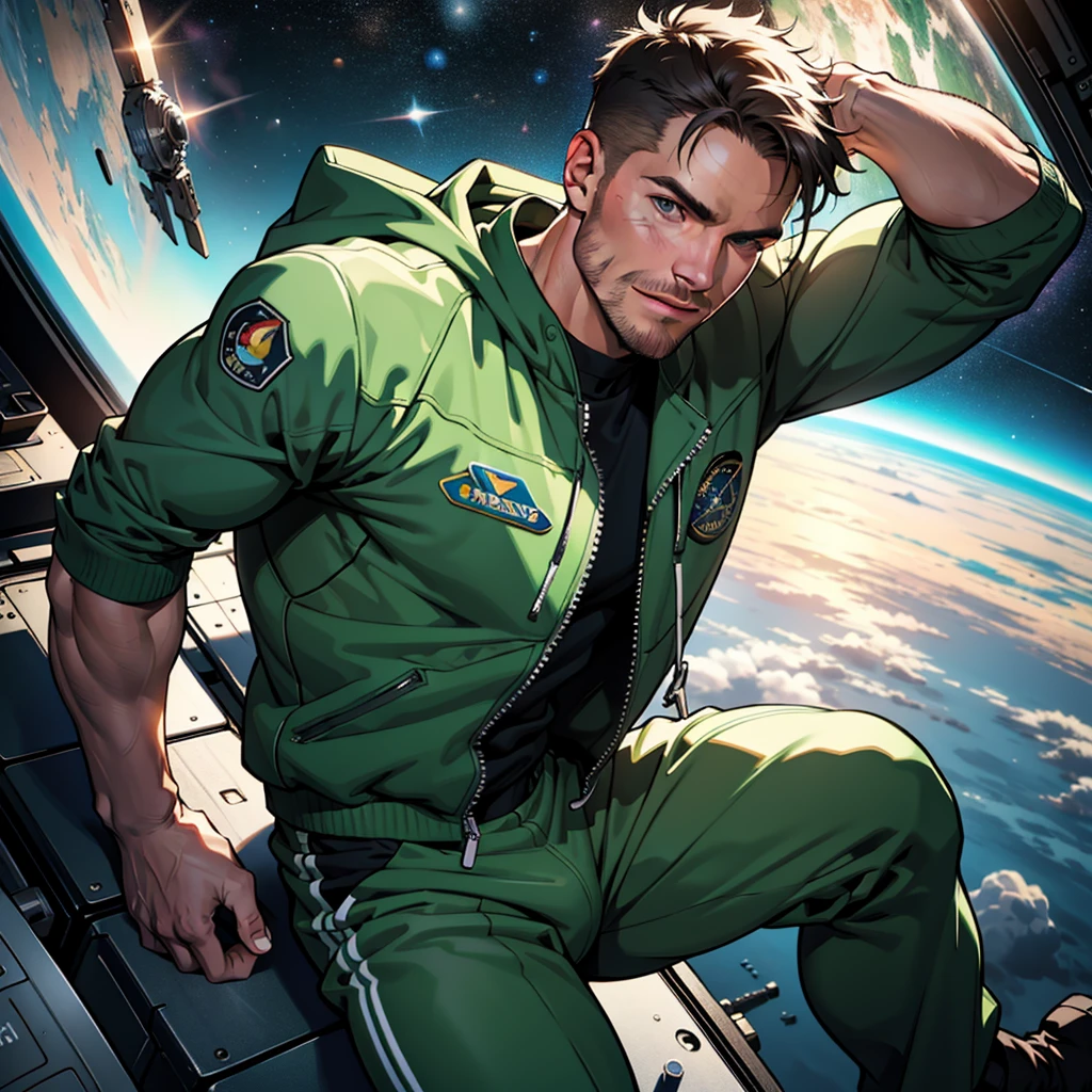 32k,masterpiece, best quality, detailed face, natural eyes,1man, solo mature man, muscled and mature, stephen amell as an astronaut wearing space suit, dark green suit, showing muscles and bulge ,floating in the space , full body, intricate Detailed background